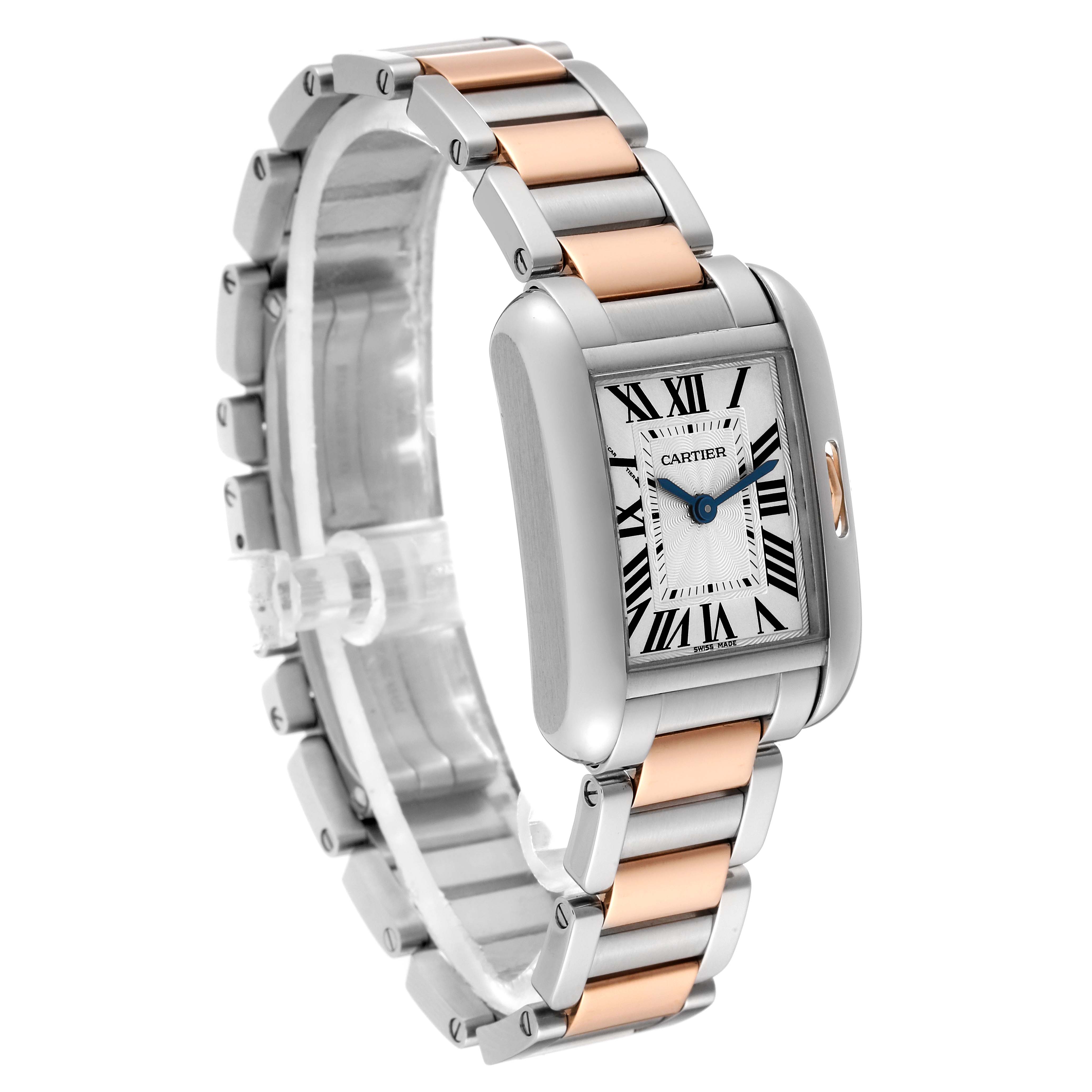The Cartier Tank Anglaise W5310036 Women
s Steel and Gold (two tone) Silver Dial W5310036 Women
s Steel and Gold (two tone) Silver Dial watch is shown at a three-quarter angle, highlighting the face, case, and two-tone bracelet.