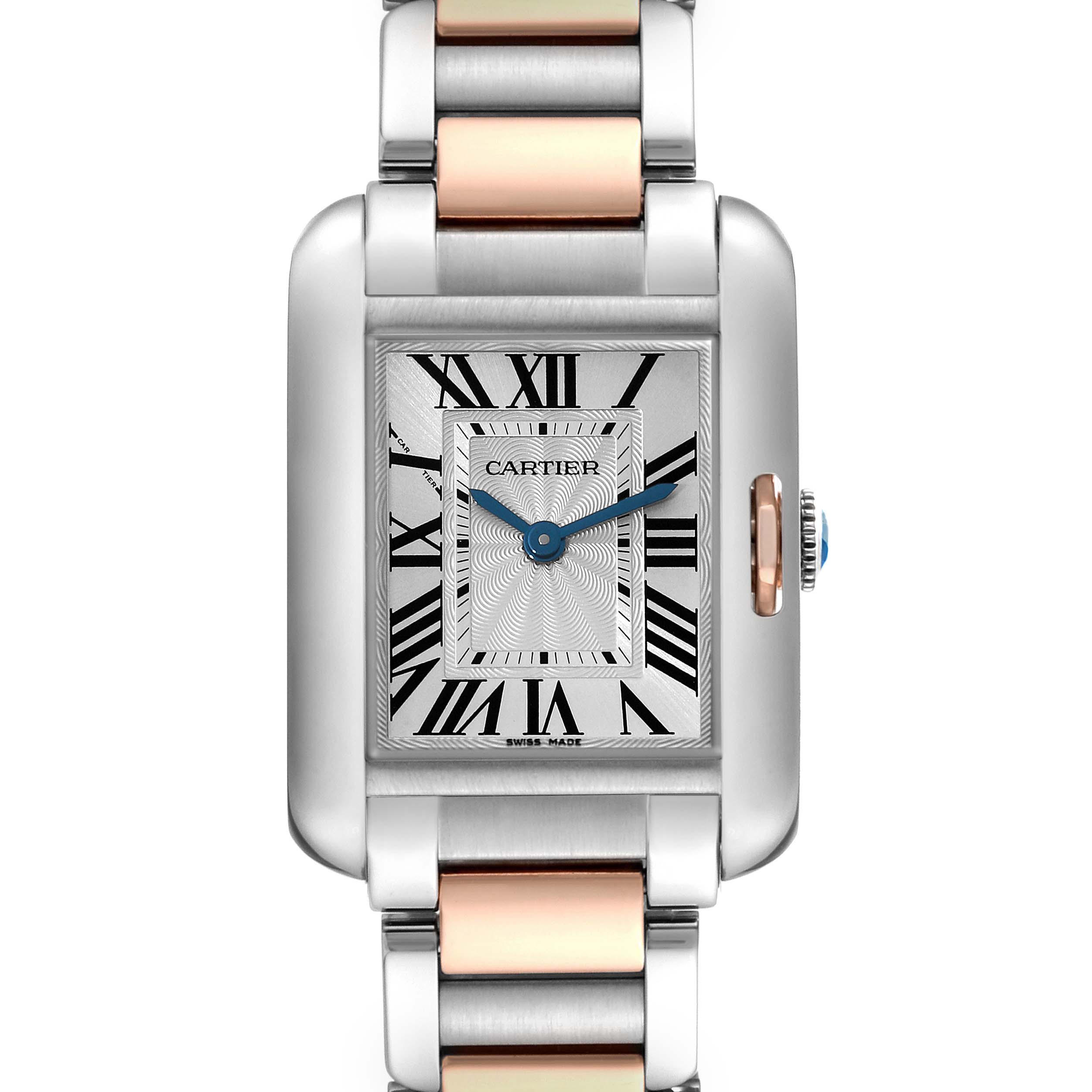This Cartier Tank Anglaise W5310036 Women
s Steel and Gold (two tone) Silver Dial W5310036 Women
s Steel and Gold (two tone) Silver Dial watch is shown from a front angle, displaying its face, dial, hands, and part of the bracelet.