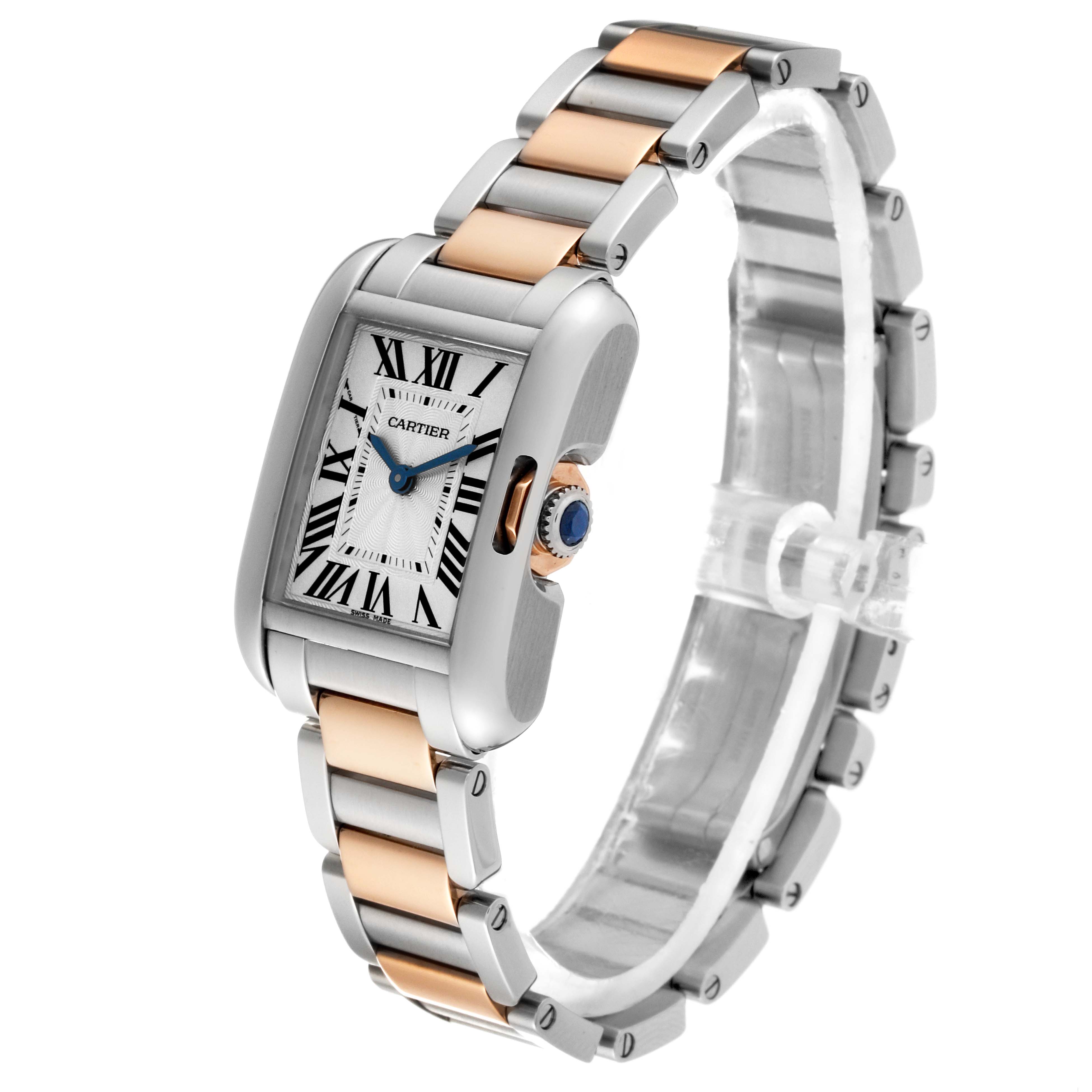 The image shows a Cartier Tank Anglaise W5310036 Women
s Steel and Gold (two tone) Silver Dial W5310036 Women
s Steel and Gold (two tone) Silver Dial watch from a three-quarter angle, highlighting its face, case, and two-tone bracelet.