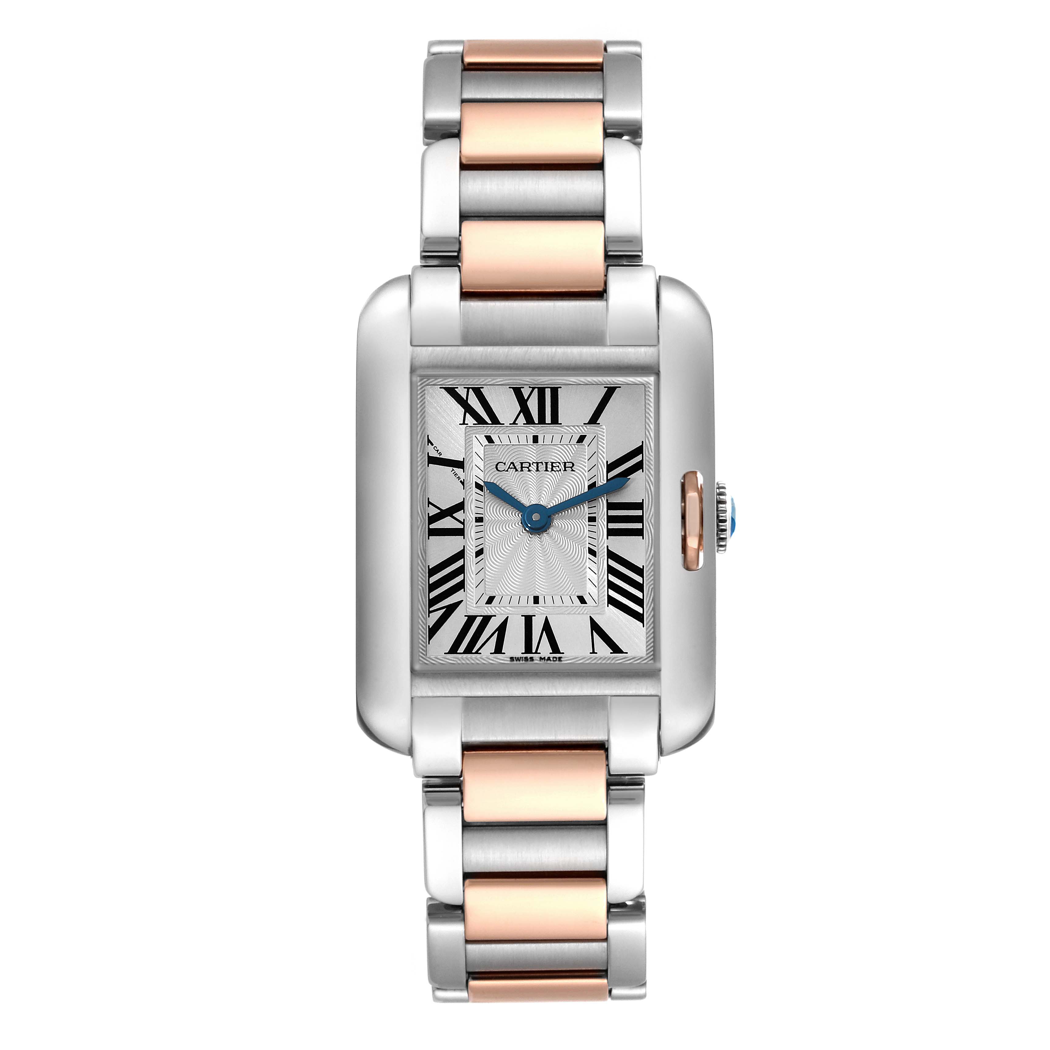 This is a front view of a Cartier Tank Anglaise W5310036 Women
s Steel and Gold (two tone) Silver Dial W5310036 Women
s Steel and Gold (two tone) Silver Dial watch, showing the face, bracelet, and crown.