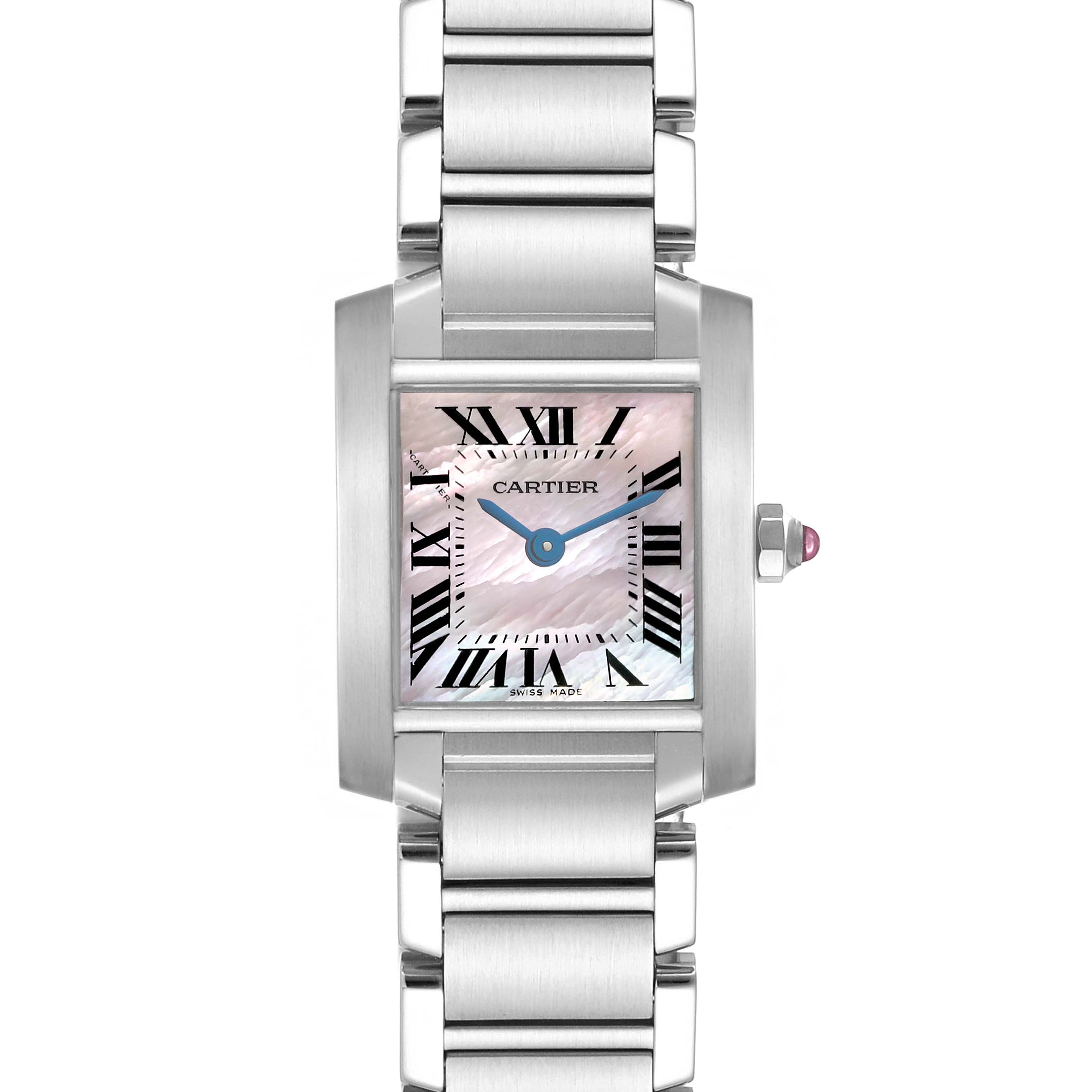This image shows a front view of the Cartier Tank Francaise W51028Q3 Women's Stainless Steel Mother of Pearl Dial W51028Q3 Women's Stainless Steel Mother of Pearl Dial watch, focusing on its dial, case, and bracelet.