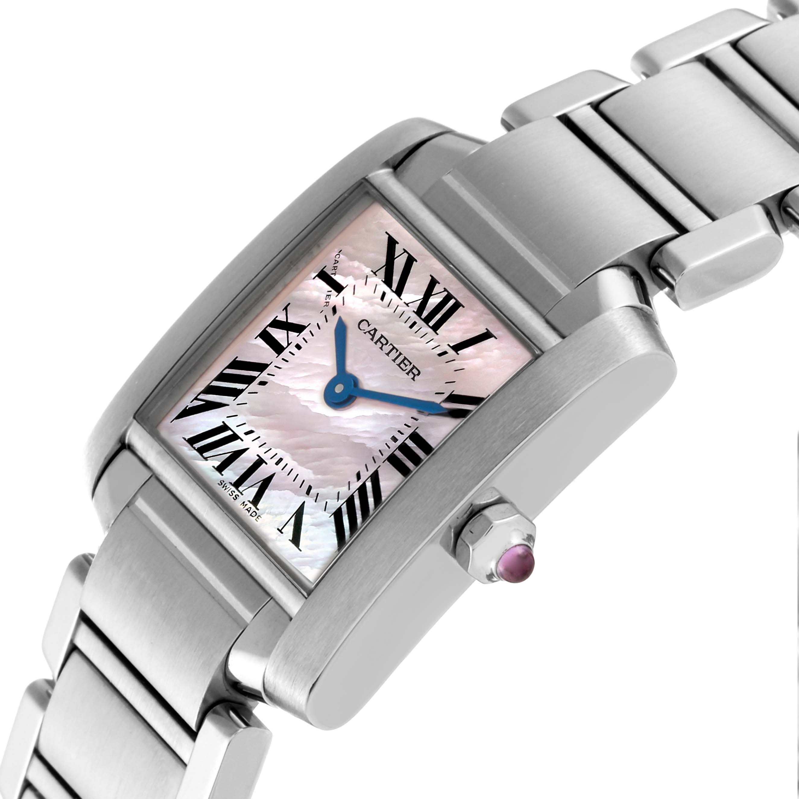 The image shows a Cartier Tank Francaise W51028Q3 Women's Stainless Steel Mother of Pearl Dial W51028Q3 Women's Stainless Steel Mother of Pearl Dial watch at an angle displaying its face, bracelet, and crown with a cabochon.