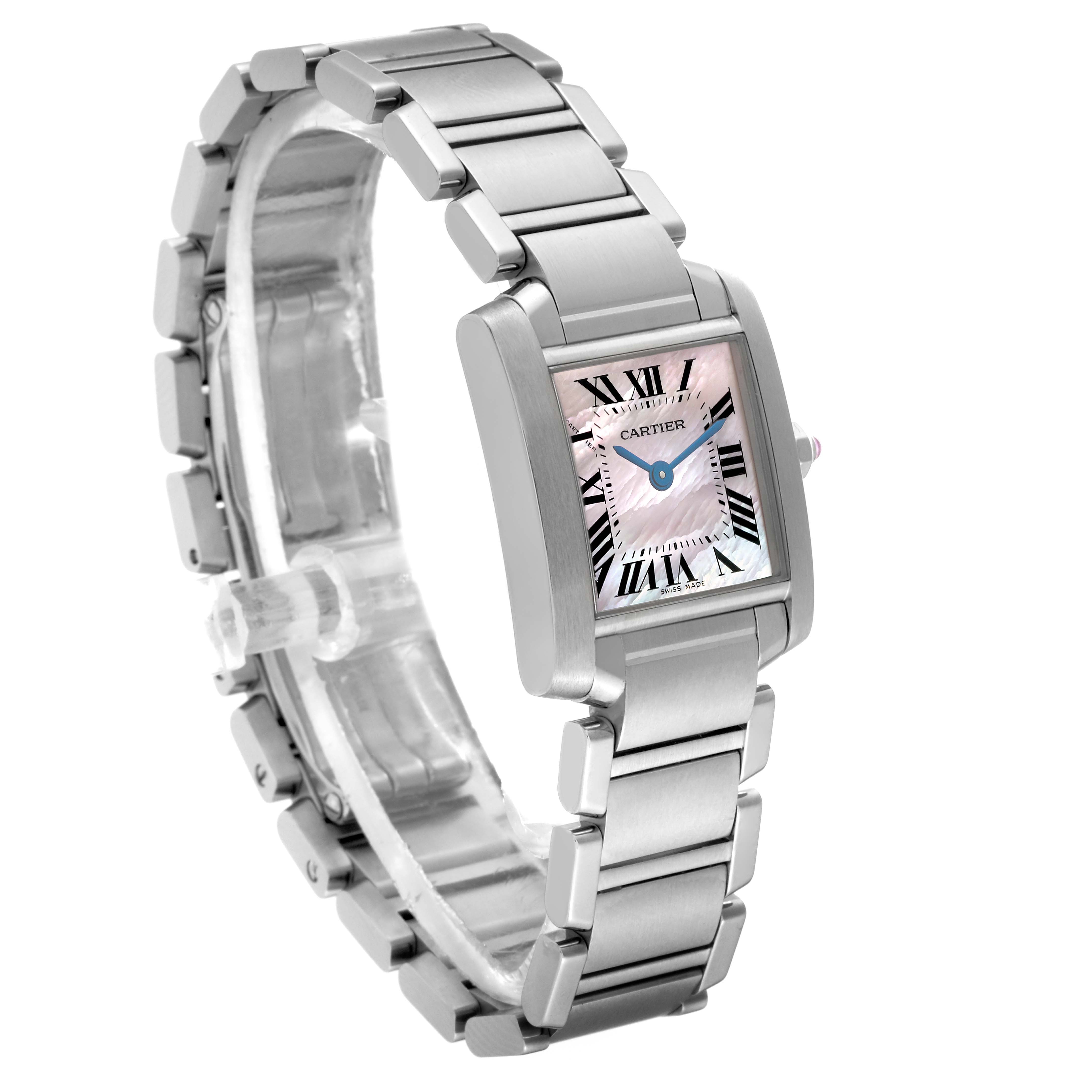 The image shows a side angle of the Cartier Tank Francaise W51028Q3 Women's Stainless Steel Mother of Pearl Dial W51028Q3 Women's Stainless Steel Mother of Pearl Dial watch, highlighting its rectangular dial and metal bracelet.