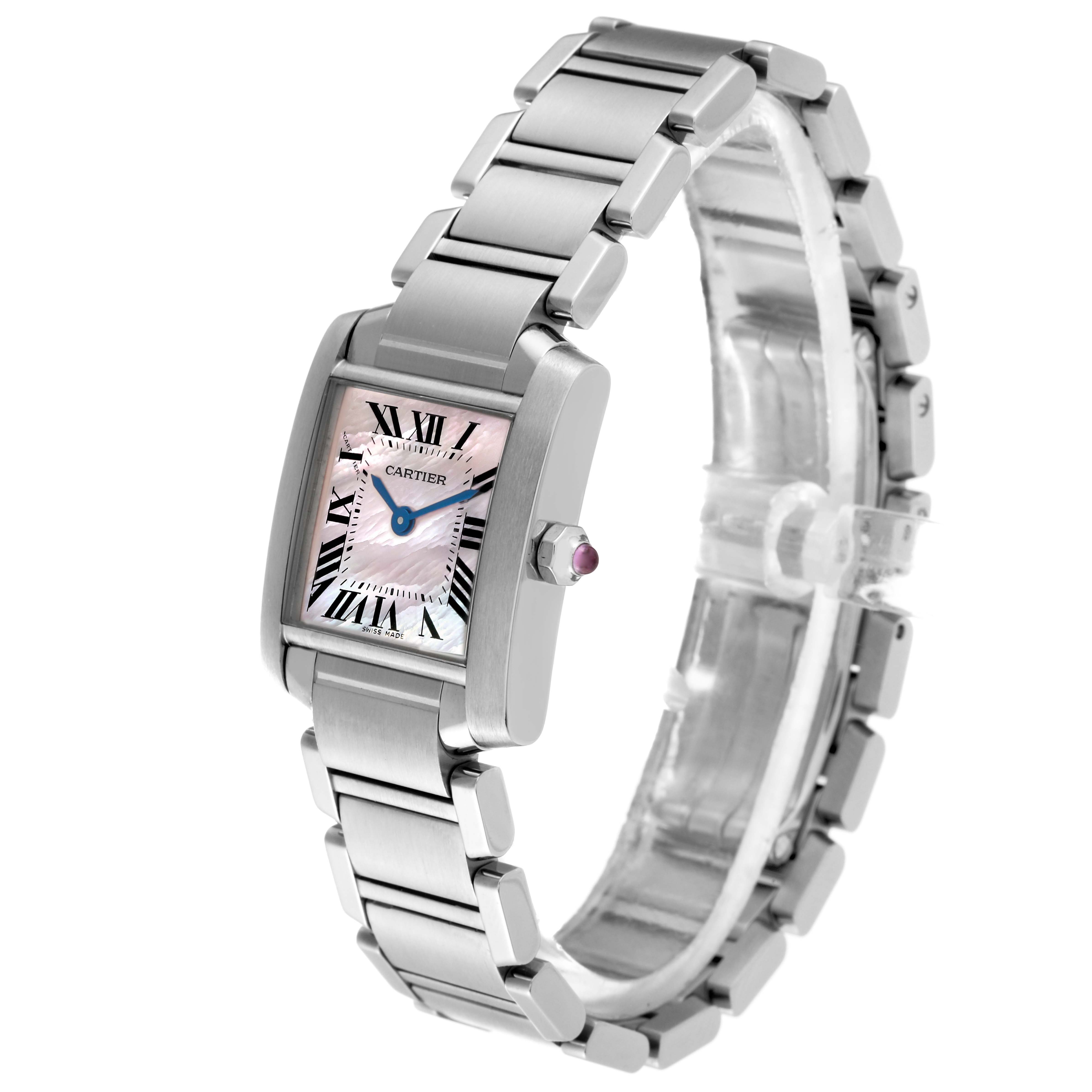 This image shows a Cartier Tank Francaise W51028Q3 Women's Stainless Steel Mother of Pearl Dial W51028Q3 Women's Stainless Steel Mother of Pearl Dial watch, angled to display its face, bracelet, and crown.