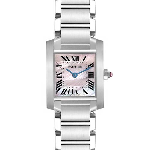 The image shows a Cartier Tank Française watch front view, highlighting the dial, bracelet, and crown.