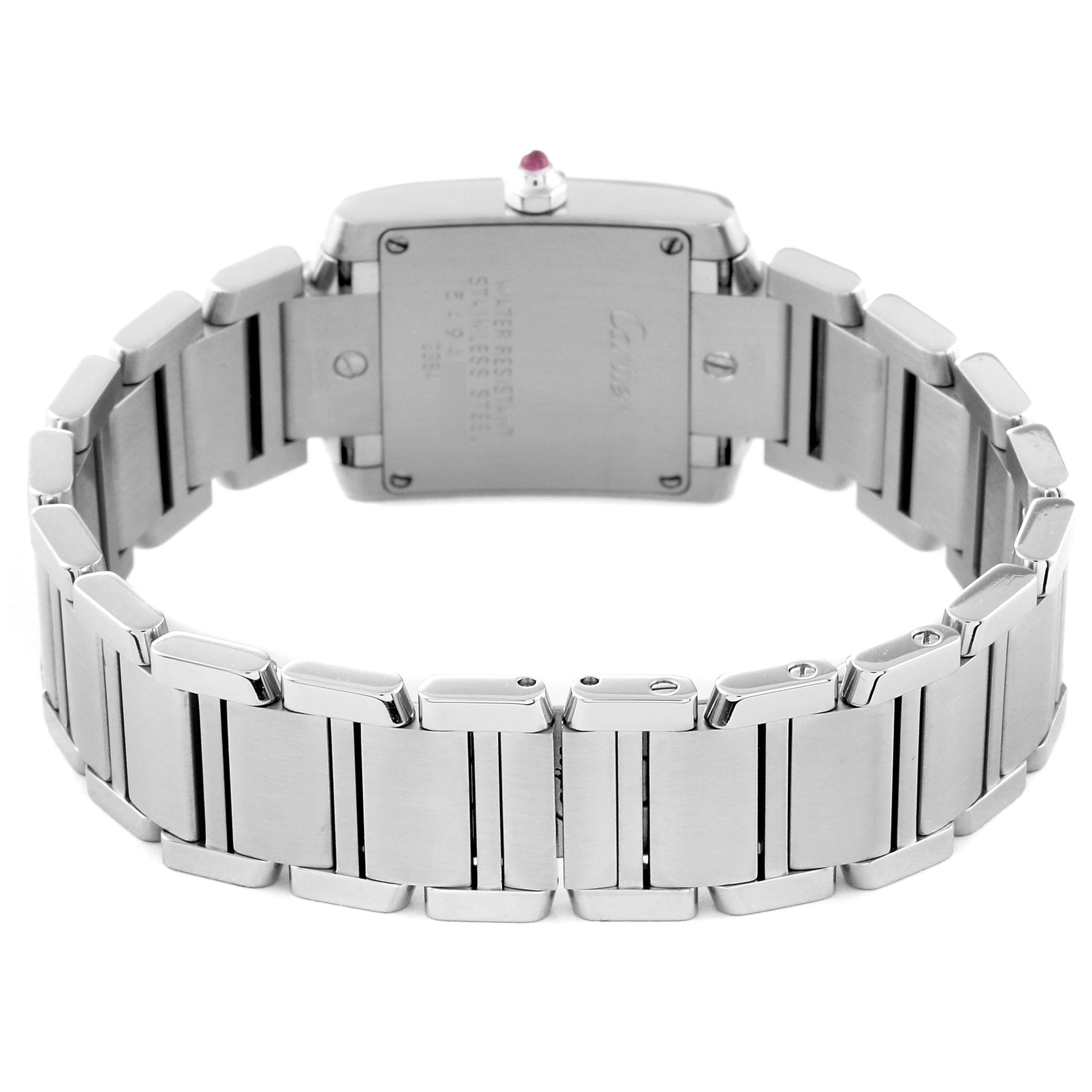 This image shows the back view of a Cartier Tank Française watch, highlighting the stainless steel case and bracelet.
