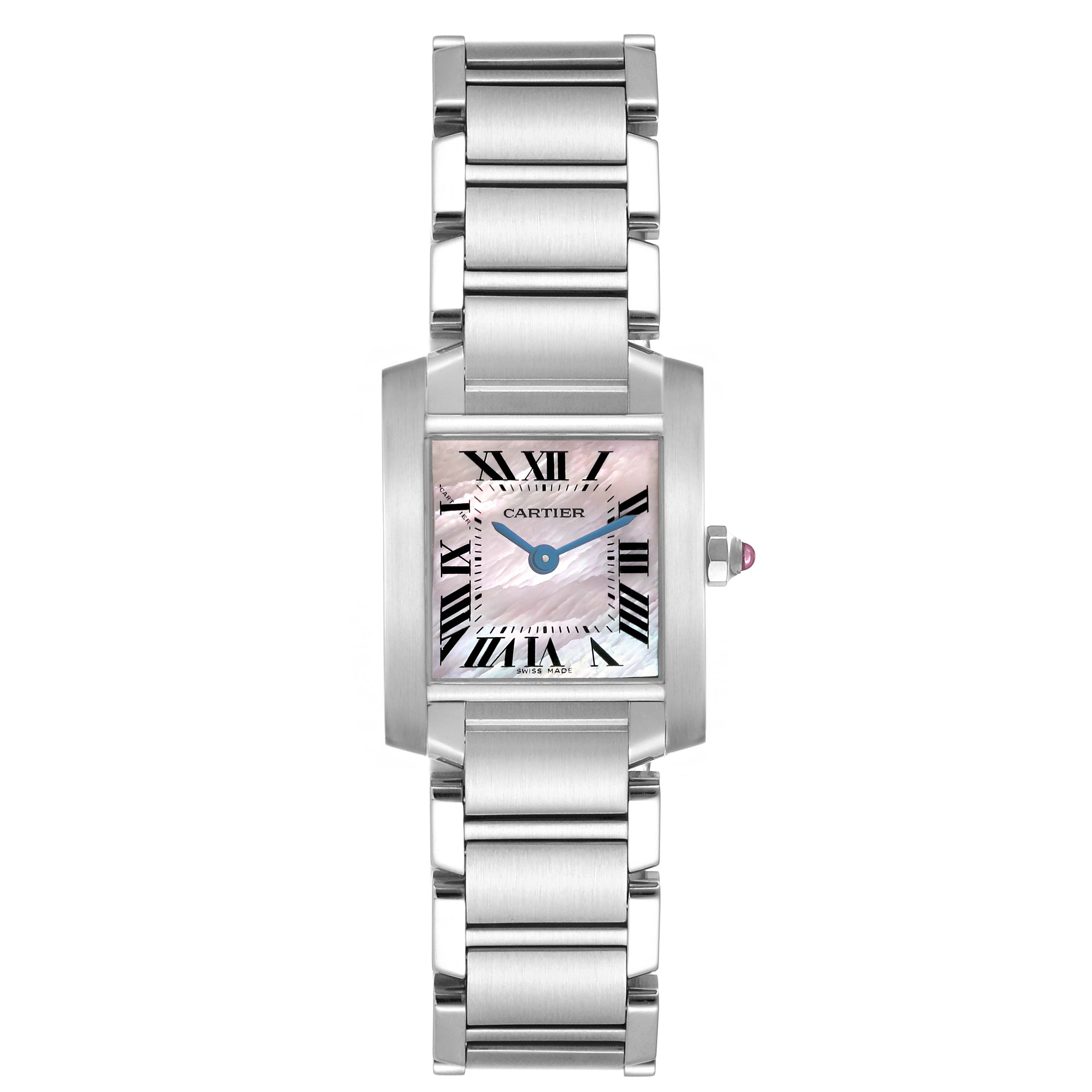 This image shows a front view of the Cartier Tank Francaise W51028Q3 Women's Stainless Steel Mother of Pearl Dial W51028Q3 Women's Stainless Steel Mother of Pearl Dial watch, highlighting its bracelet, square face, and Roman numeral dial.