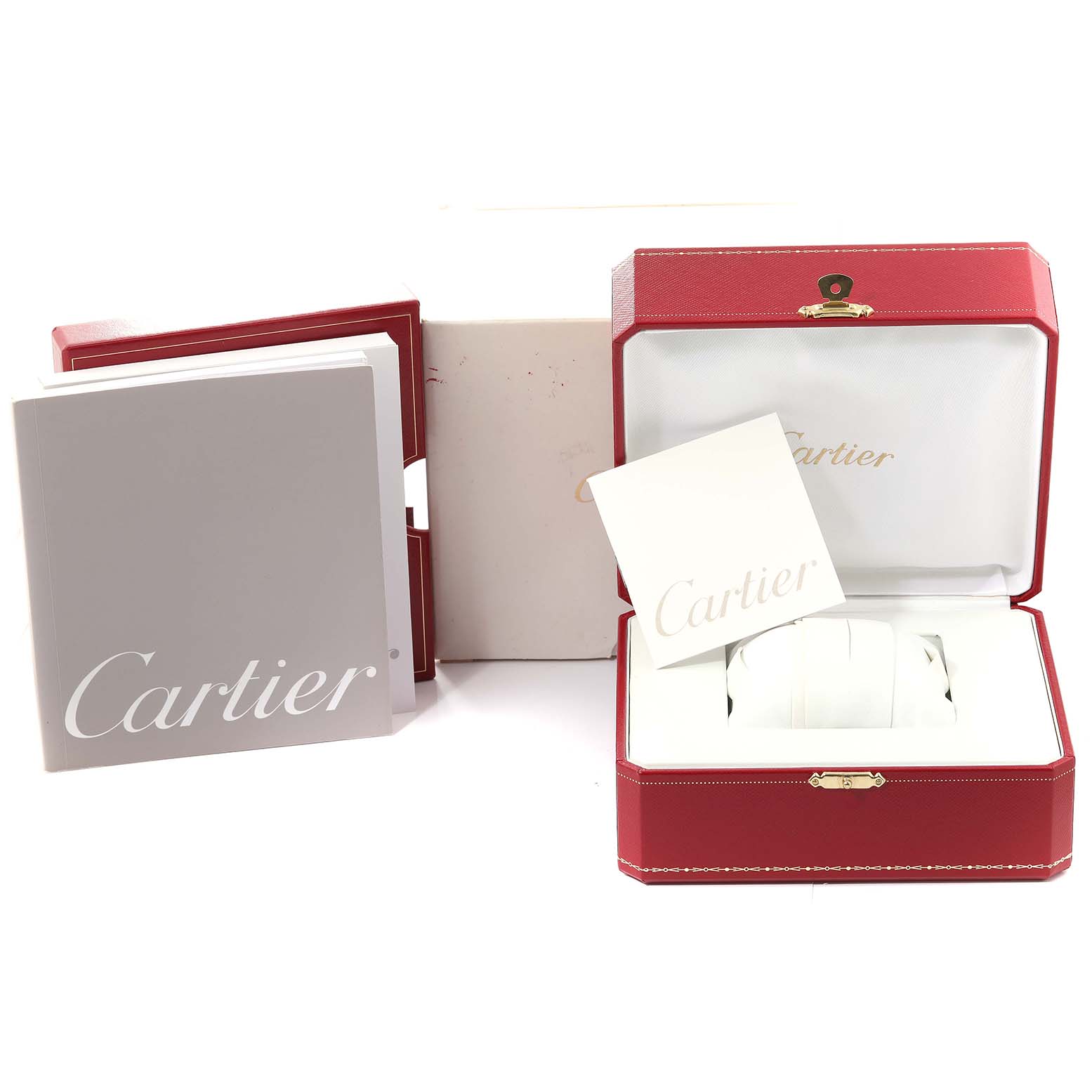 This image shows the packaging and accessories, including a red Cartier box, for the Tank Française model by Cartier.