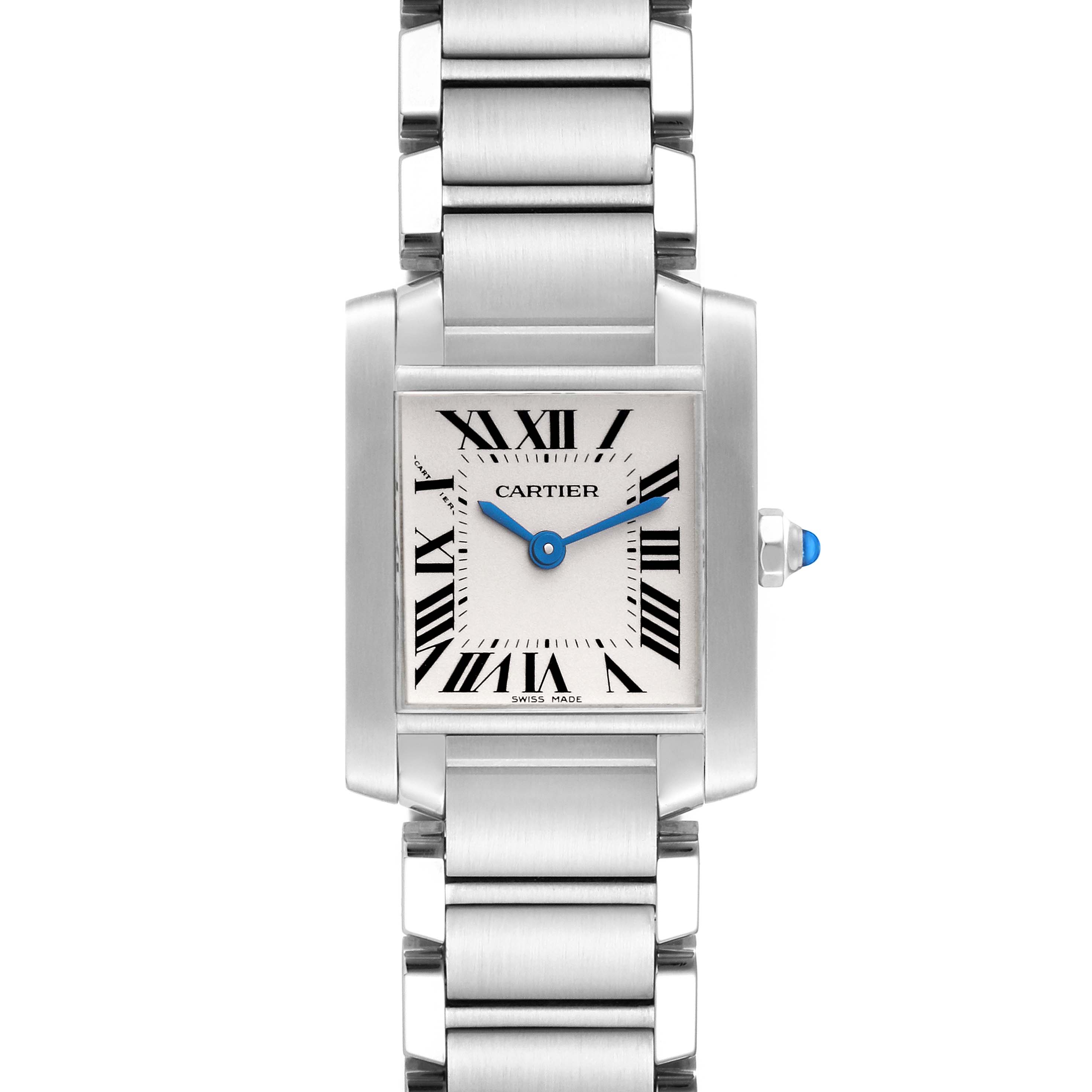 This image shows a frontal view of the Cartier Tank Francaise W51008Q3 Women
s Stainless Steel Silver Dial W51008Q3 Women
s Stainless Steel Silver Dial watch, displaying its square dial, bracelet, and blue hands.