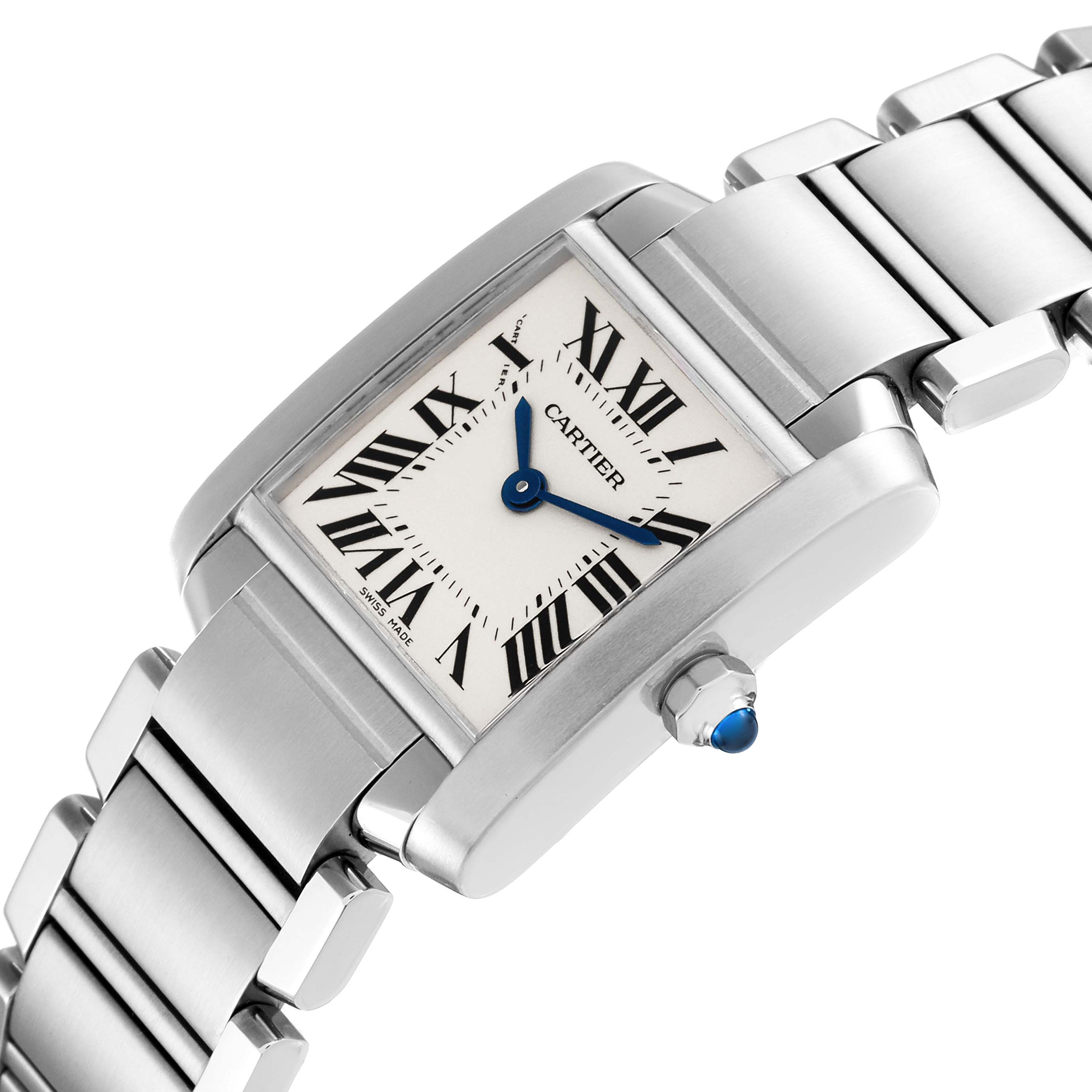 This image shows a close-up angle of the Cartier Tank Francaise W51008Q3 Women
s Stainless Steel Silver Dial W51008Q3 Women
s Stainless Steel Silver Dial watch face, crown, and part of the metal bracelet.