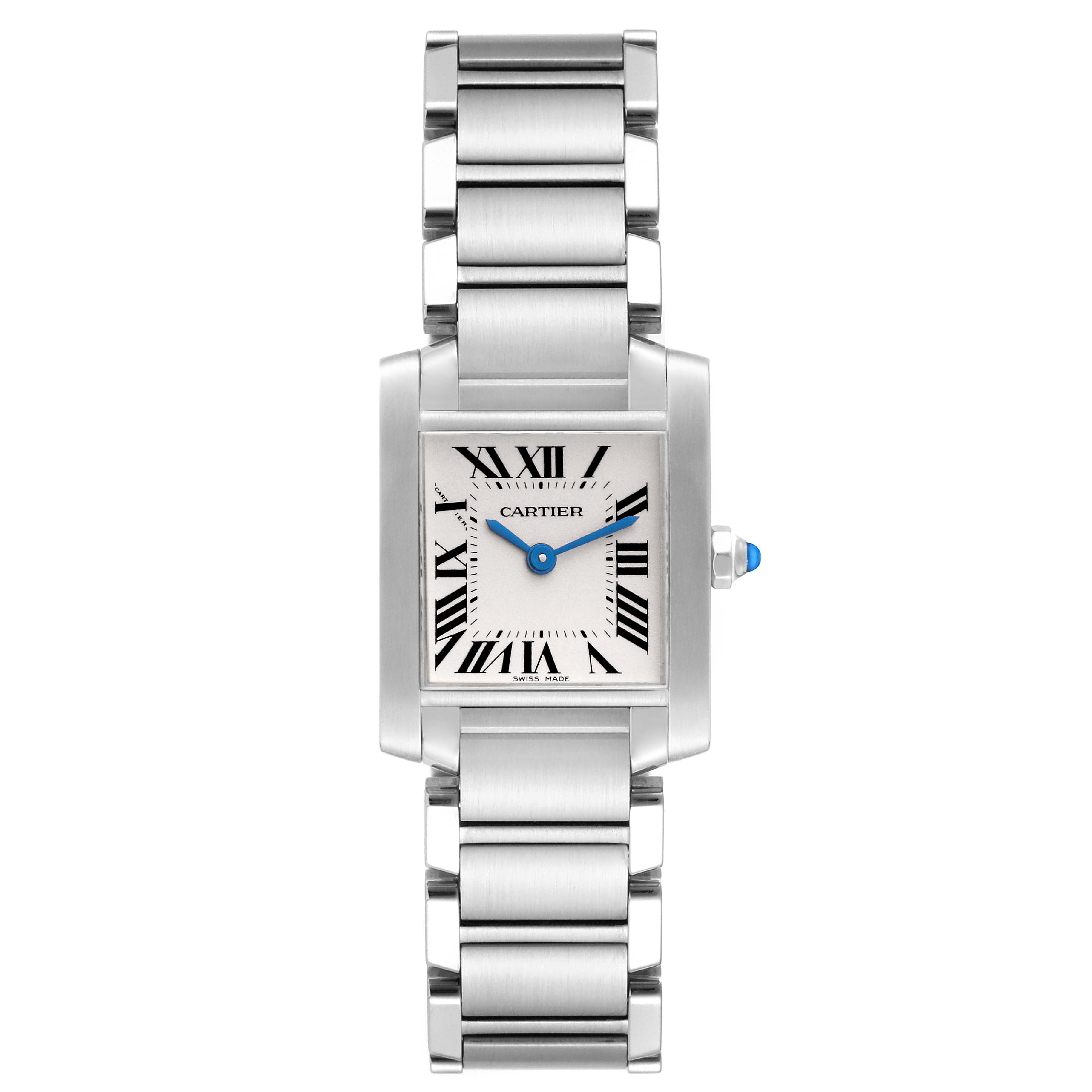 The image shows a front view of a Cartier Tank Francaise W51008Q3 Women
s Stainless Steel Silver Dial W51008Q3 Women
s Stainless Steel Silver Dial watch, including its stainless steel bracelet and rectangular dial.
