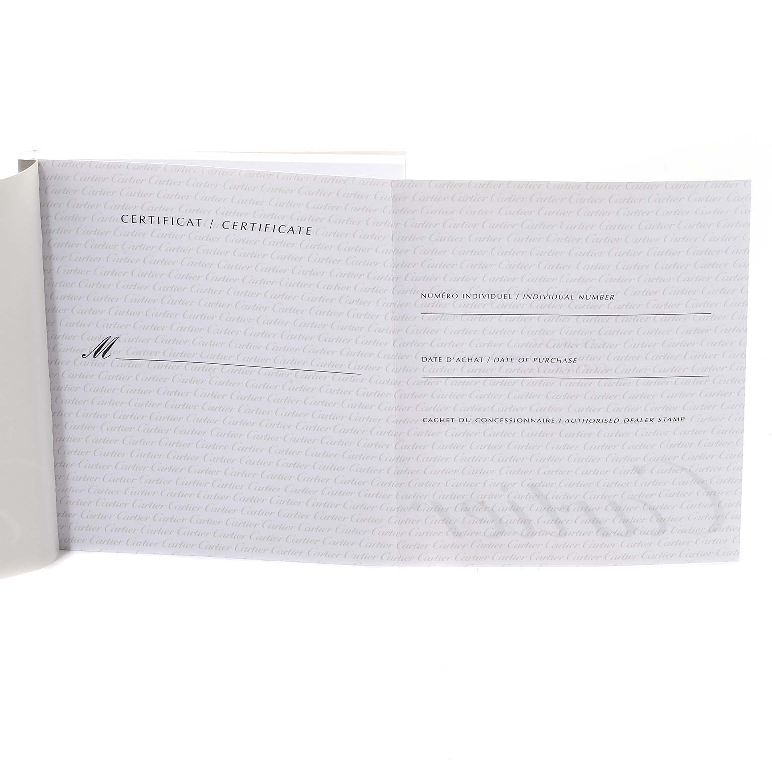 This image shows an open certificate booklet for the Cartier Tank Française model watch.