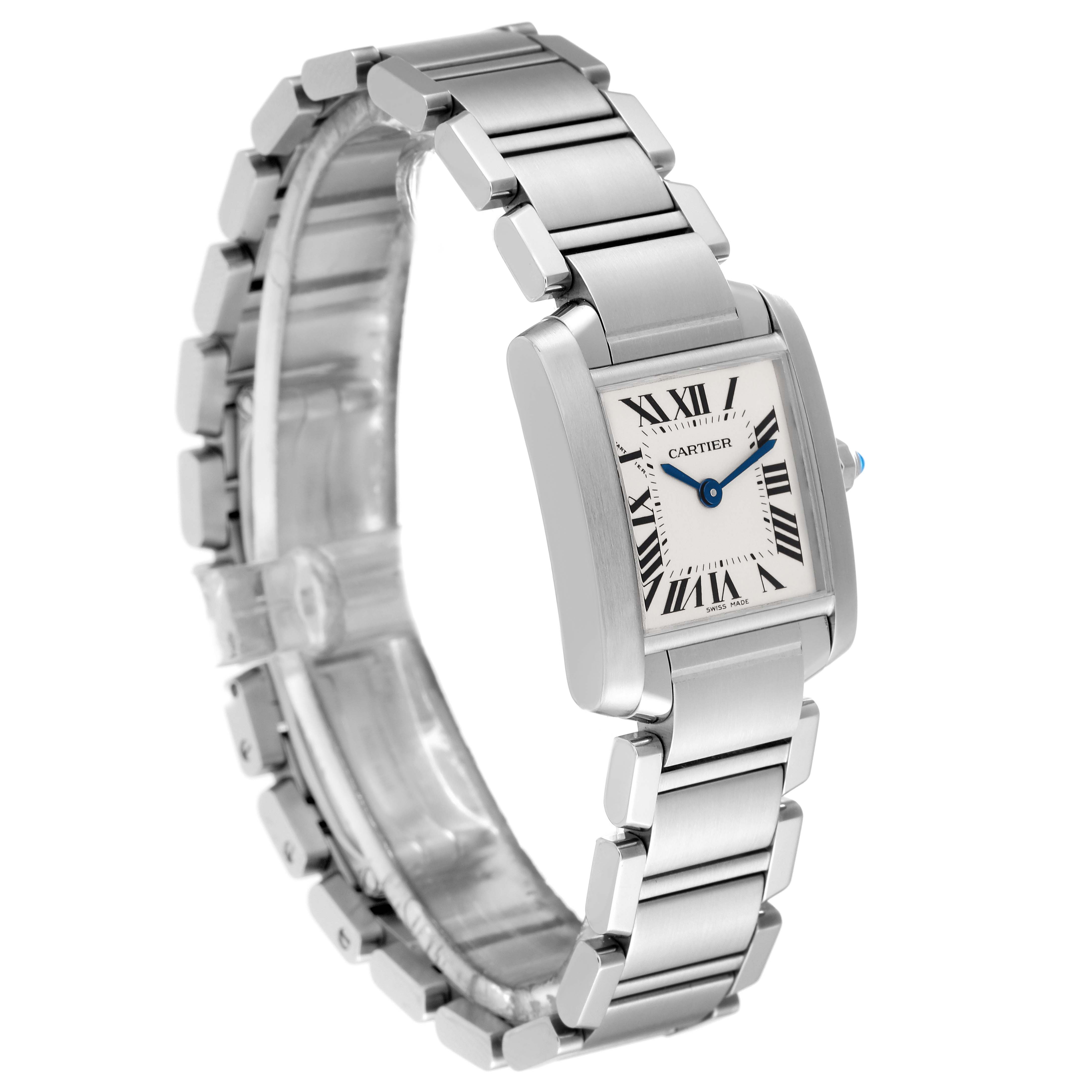 The image shows a Cartier Tank Francaise W51008Q3 Women
s Stainless Steel Silver Dial W51008Q3 Women
s Stainless Steel Silver Dial watch at a slight angle, showcasing the bracelet and rectangular dial.