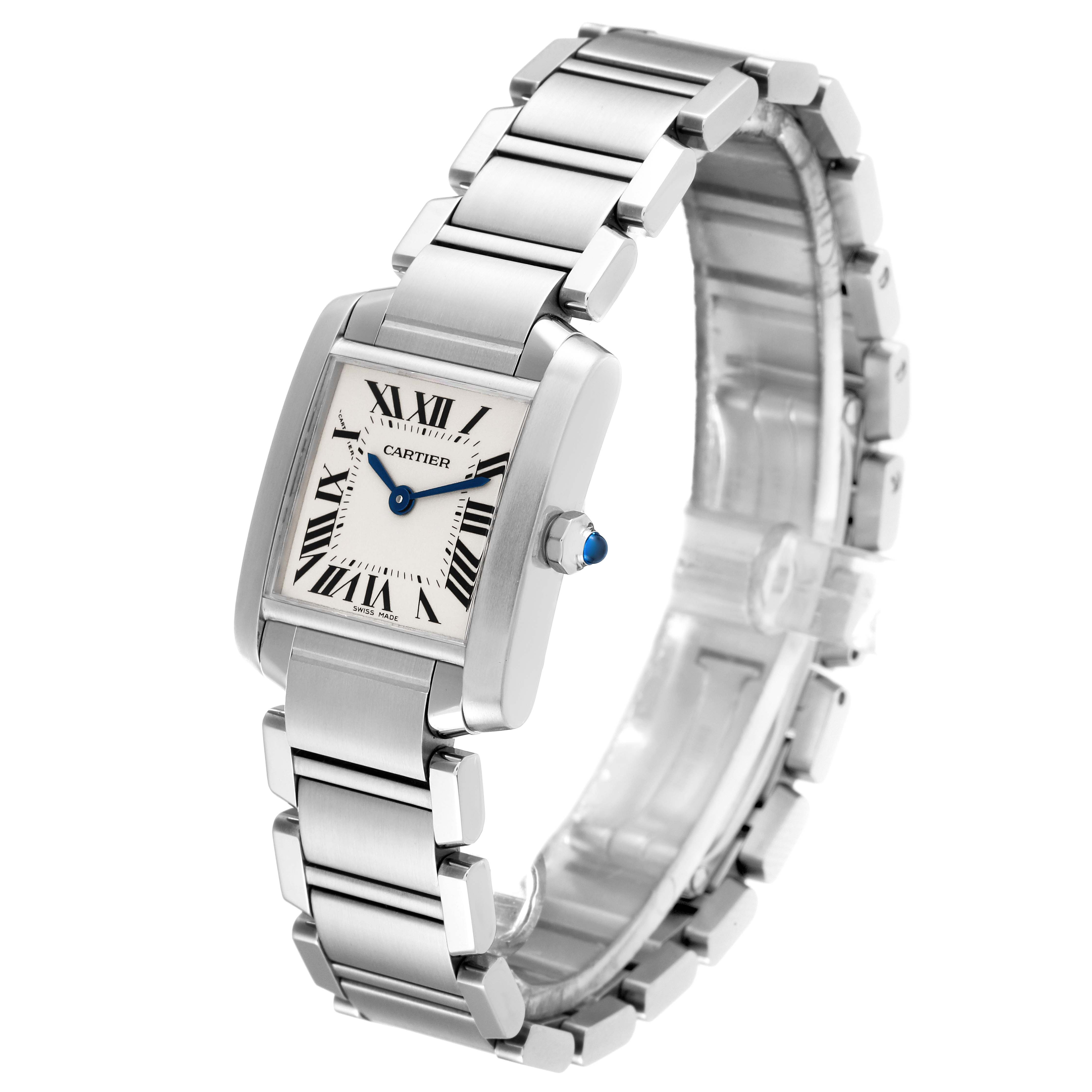 The image shows a Cartier Tank Francaise W51008Q3 Women
s Stainless Steel Silver Dial W51008Q3 Women
s Stainless Steel Silver Dial watch from an angled view, featuring the face, bracelet, and clasp.