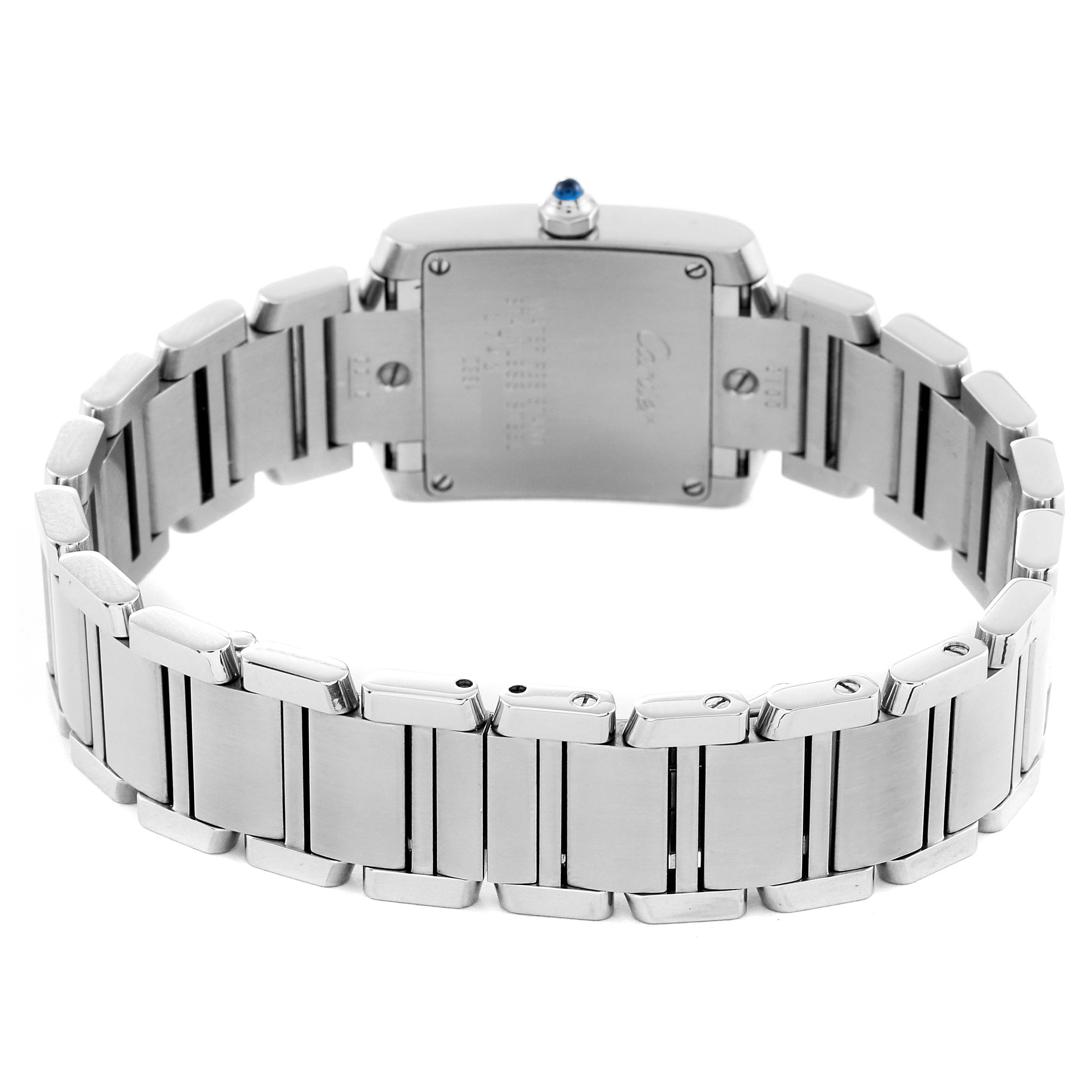 This image shows the back view of the Cartier Tank Francaise W51008Q3 Women
s Stainless Steel Silver Dial W51008Q3 Women
s Stainless Steel Silver Dial watch, focusing on the caseback and the stainless steel bracelet.