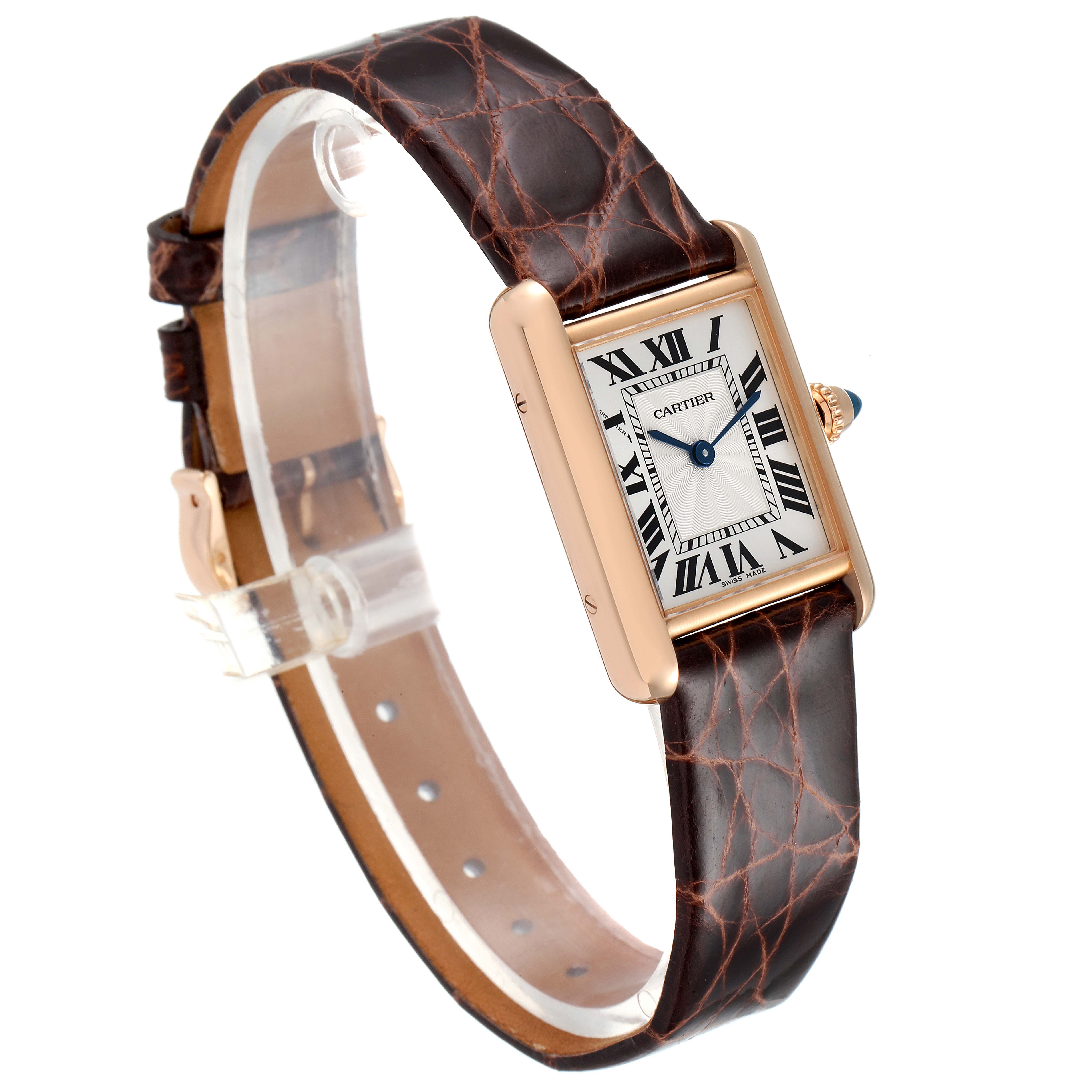 The image shows a Cartier Tank Louis WGTA0010 Women's Rose Gold Silver Dial WGTA0010 Women's Rose Gold Silver Dial watch at an angled front view, highlighting the dial, case, and leather strap.