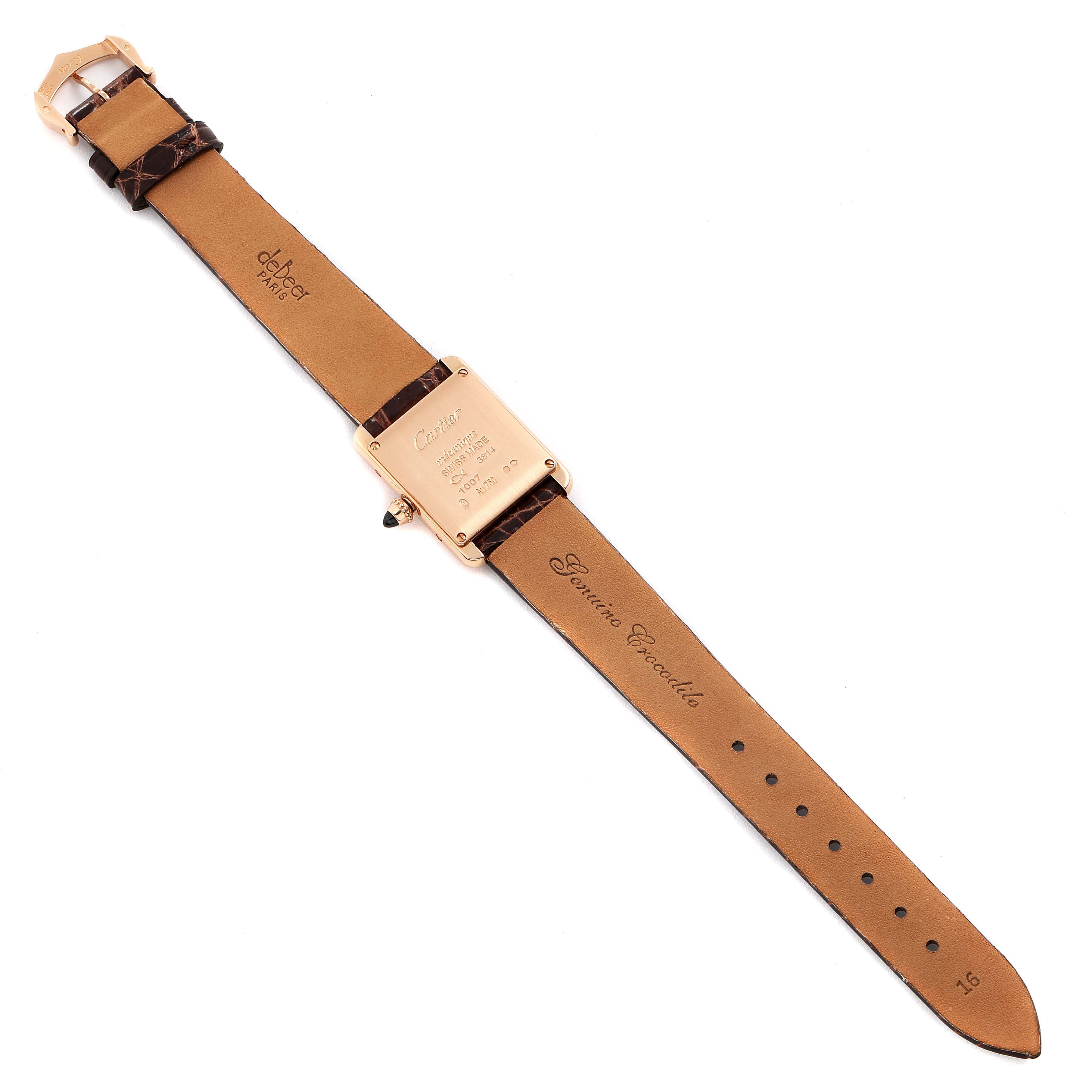 The image shows the back view of a Tank Louis Cartier watch, including its case back and leather strap.