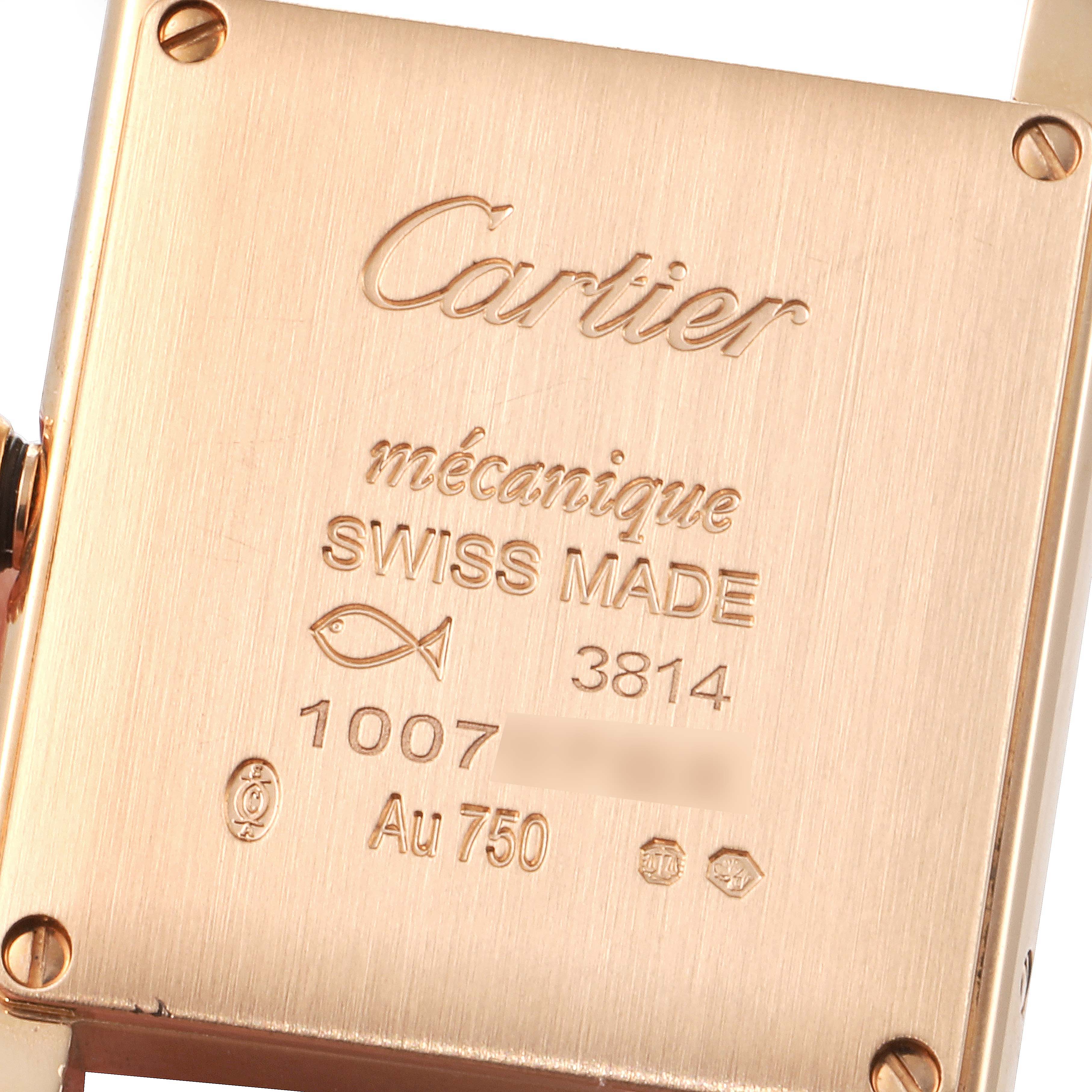 This image shows the backside of a Cartier Tank Louis WGTA0010 Women's Rose Gold Silver Dial WGTA0010 Women's Rose Gold Silver Dial watch in a close-up angle.