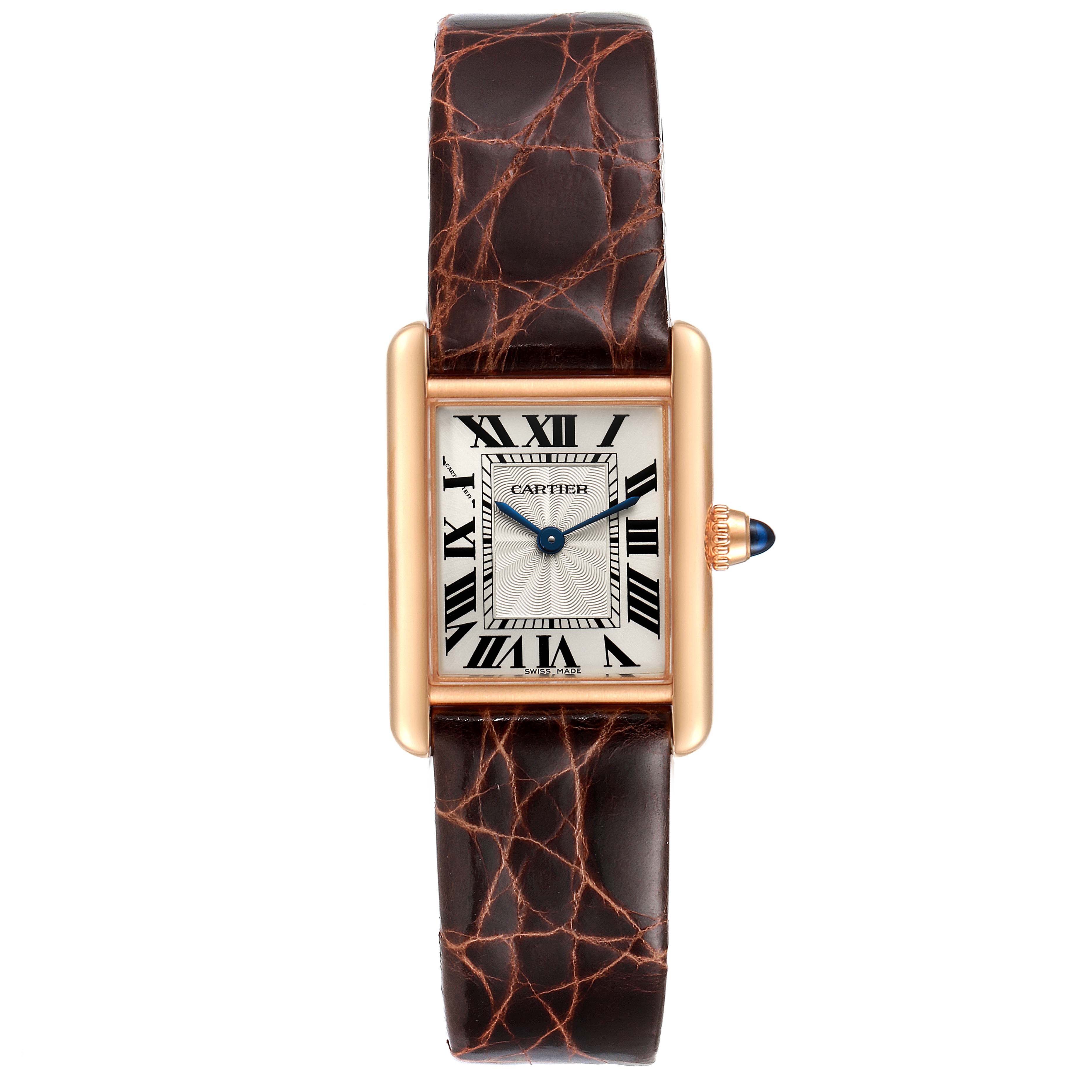 This image shows a Tank Louis Cartier watch, front view, with a brown leather strap and gold rectangular case.
