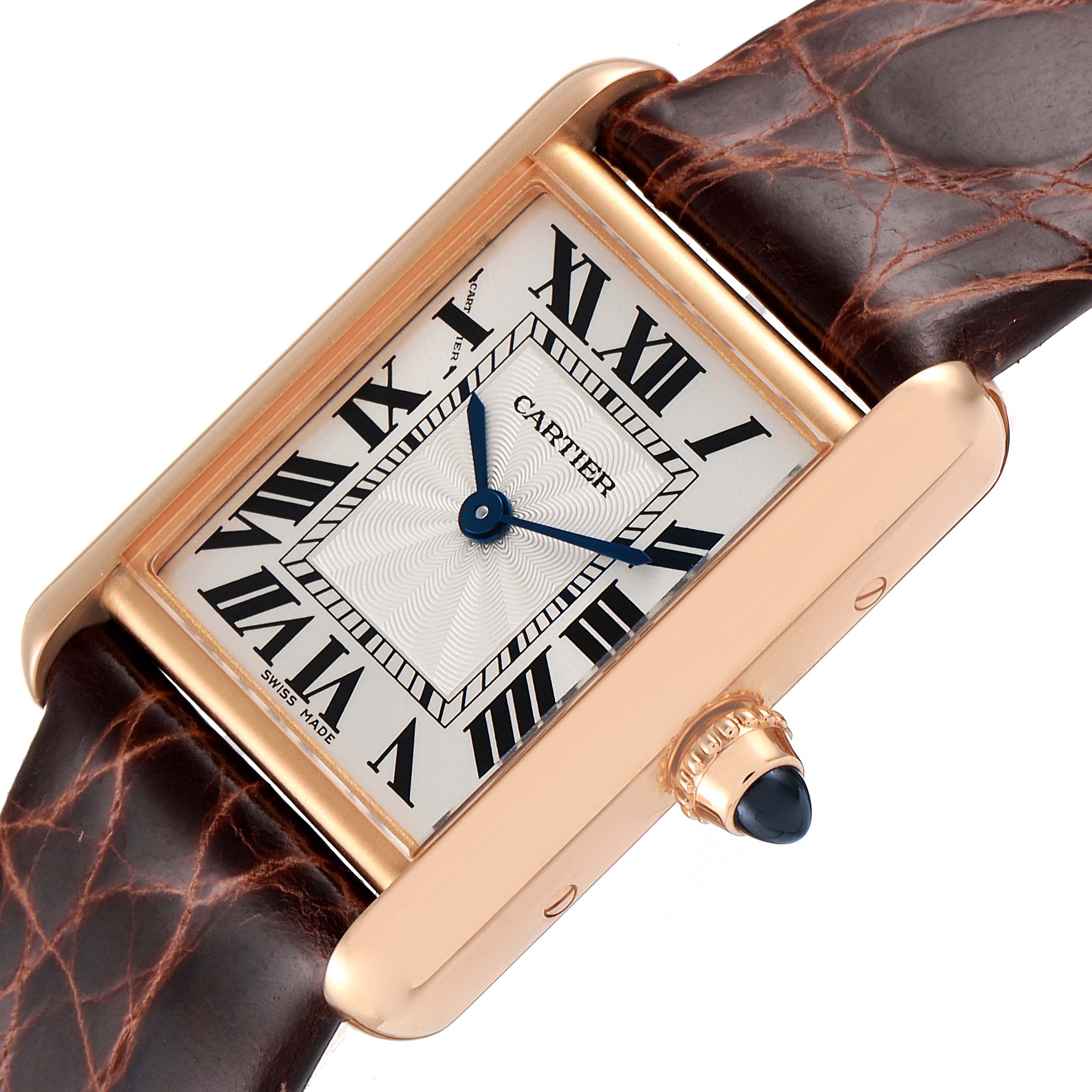 The image shows a side angle of the Cartier Tank Louis WGTA0010 Women's Rose Gold Silver Dial WGTA0010 Women's Rose Gold Silver Dial watch, highlighting its face, bezel, crown, and leather strap.