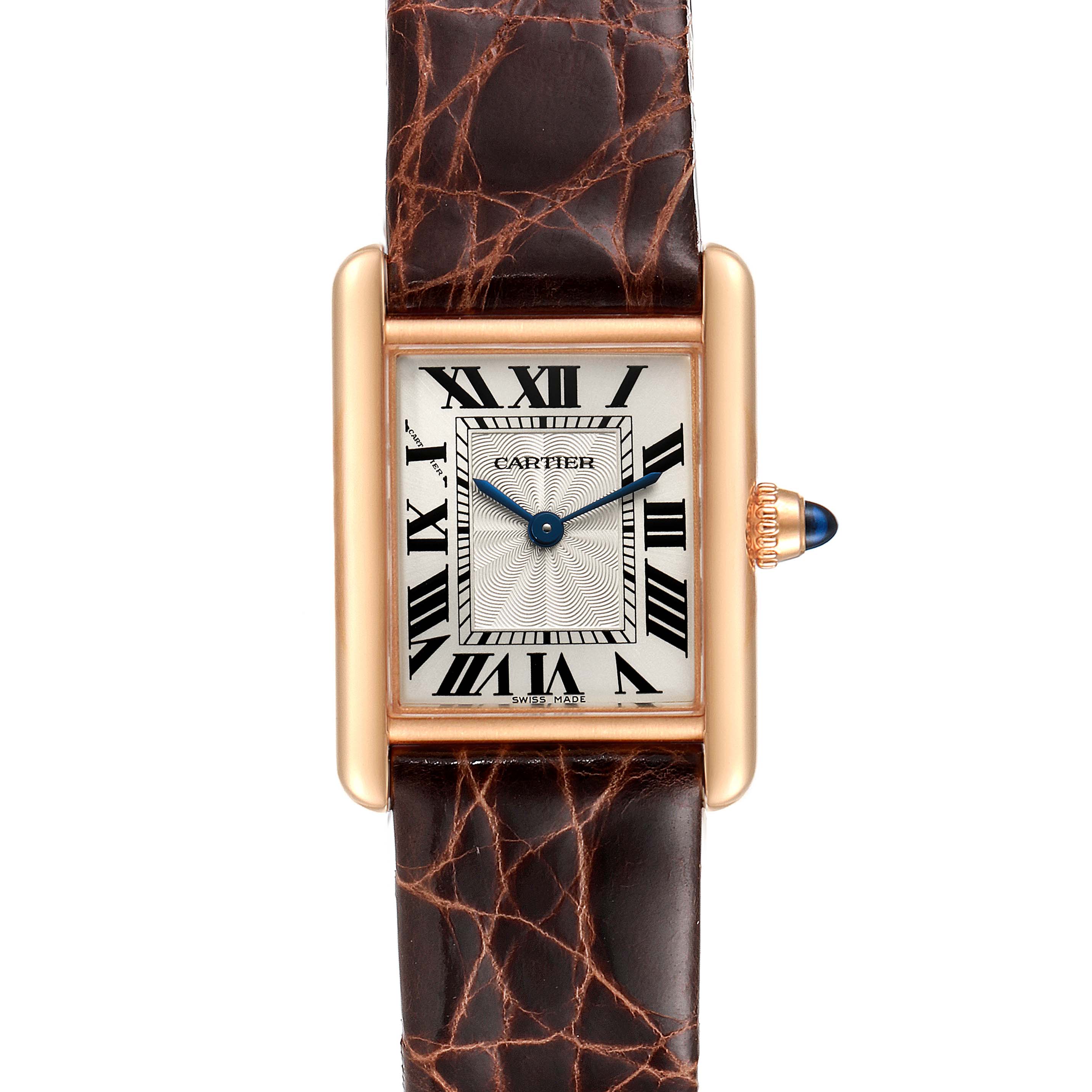 The image shows a front view of a Cartier Tank Louis WGTA0010 Women's Rose Gold Silver Dial WGTA0010 Women's Rose Gold Silver Dial watch, highlighting its rectangular face and leather strap.