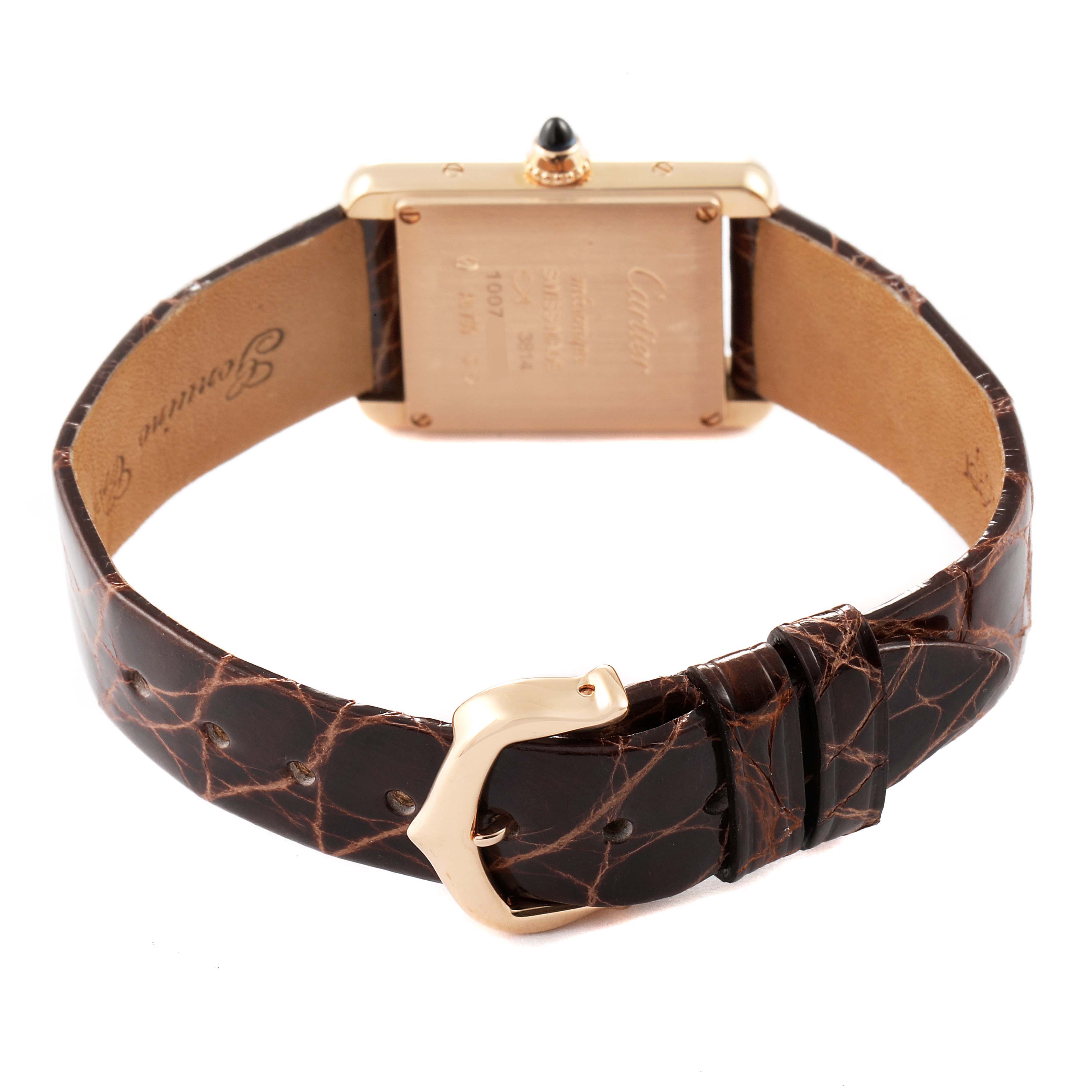 The image shows the back view of a Cartier Tank Louis WGTA0010 Women's Rose Gold Silver Dial WGTA0010 Women's Rose Gold Silver Dial watch, highlighting the back case and leather strap with a gold buckle.