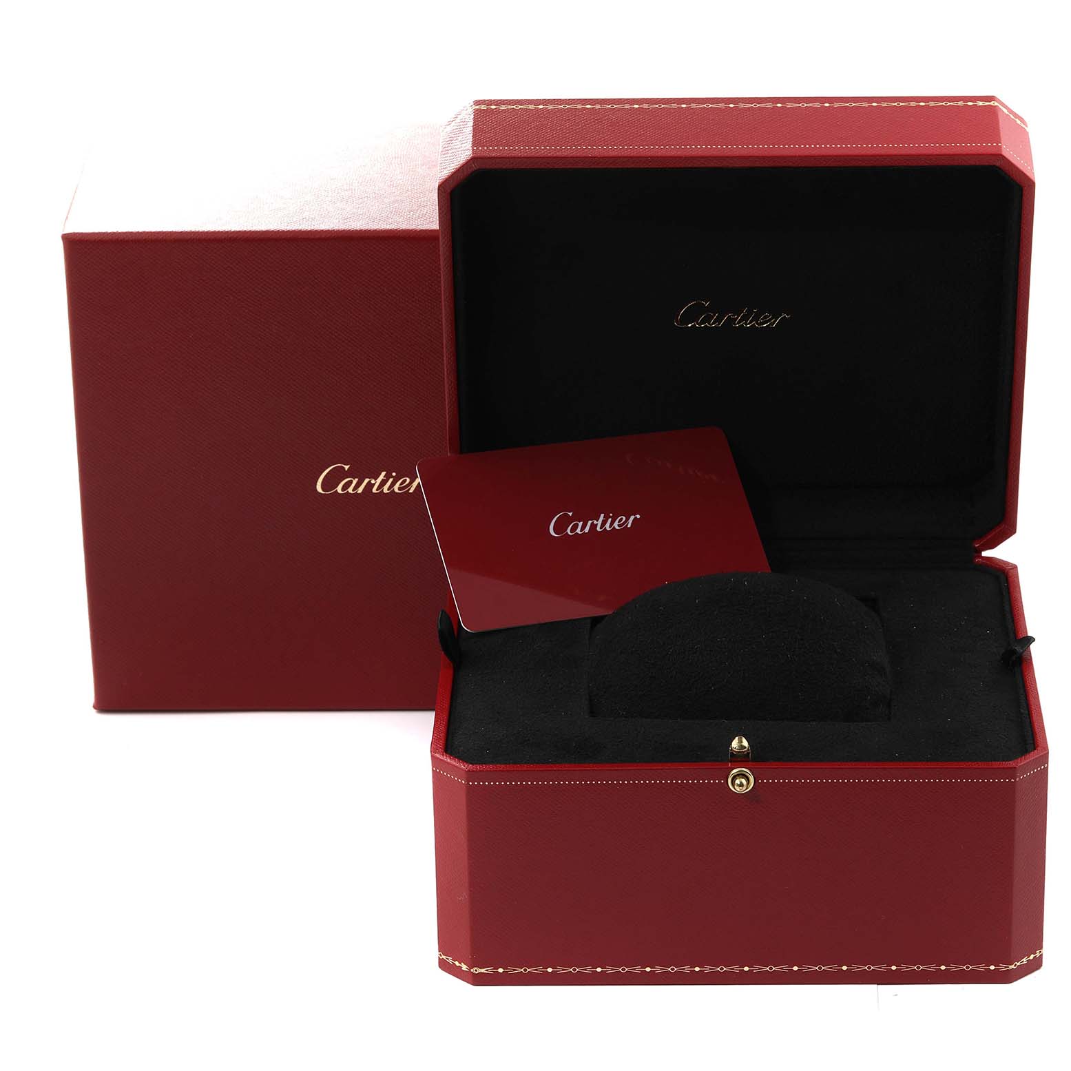 The image shows the packaging and presentation box for the Cartier Tank Louis W1529756 Men's Yellow Gold Silver Dial W1529756 Men's Yellow Gold Silver Dial watch, featuring both the outer box and inner velvet-lined case.