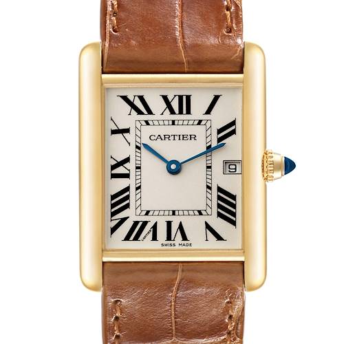 The image shows a front view of the Cartier Tank Louis watch, displaying the dial, case, and part of the leather strap.