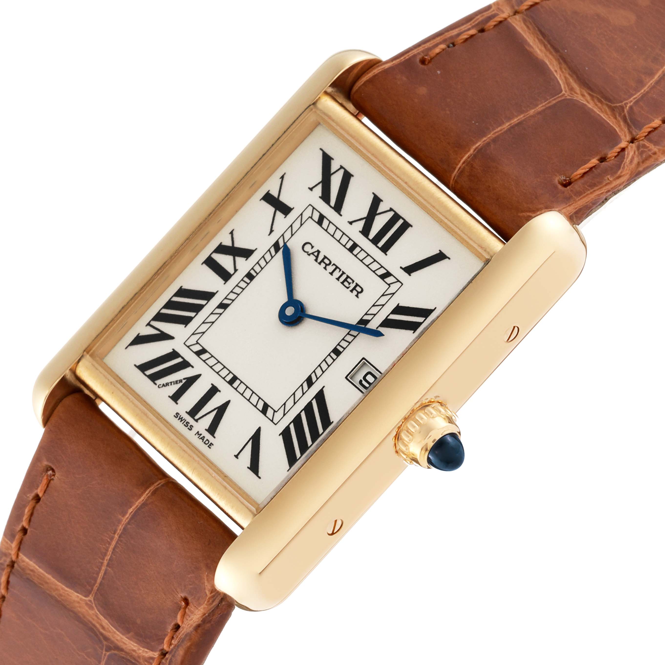 The image shows a close-up angle of the Cartier Tank Louis W1529756 Men's Yellow Gold Silver Dial W1529756 Men's Yellow Gold Silver Dial watch, highlighting its face, case, and brown leather strap.
