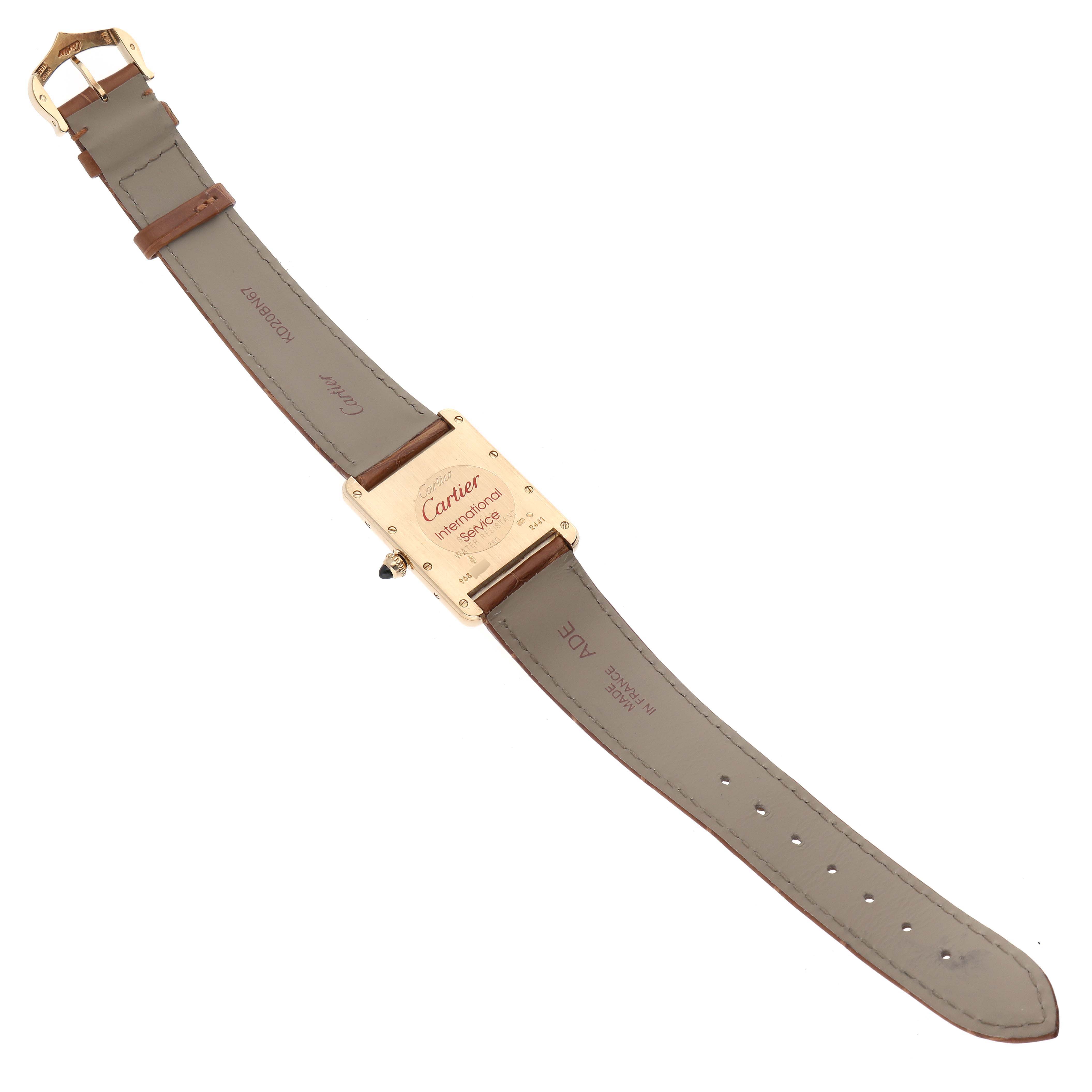 The image shows the back side of the strap and case of a Cartier Tank Louis W1529756 Men's Yellow Gold Silver Dial W1529756 Men's Yellow Gold Silver Dial model, laid flat.