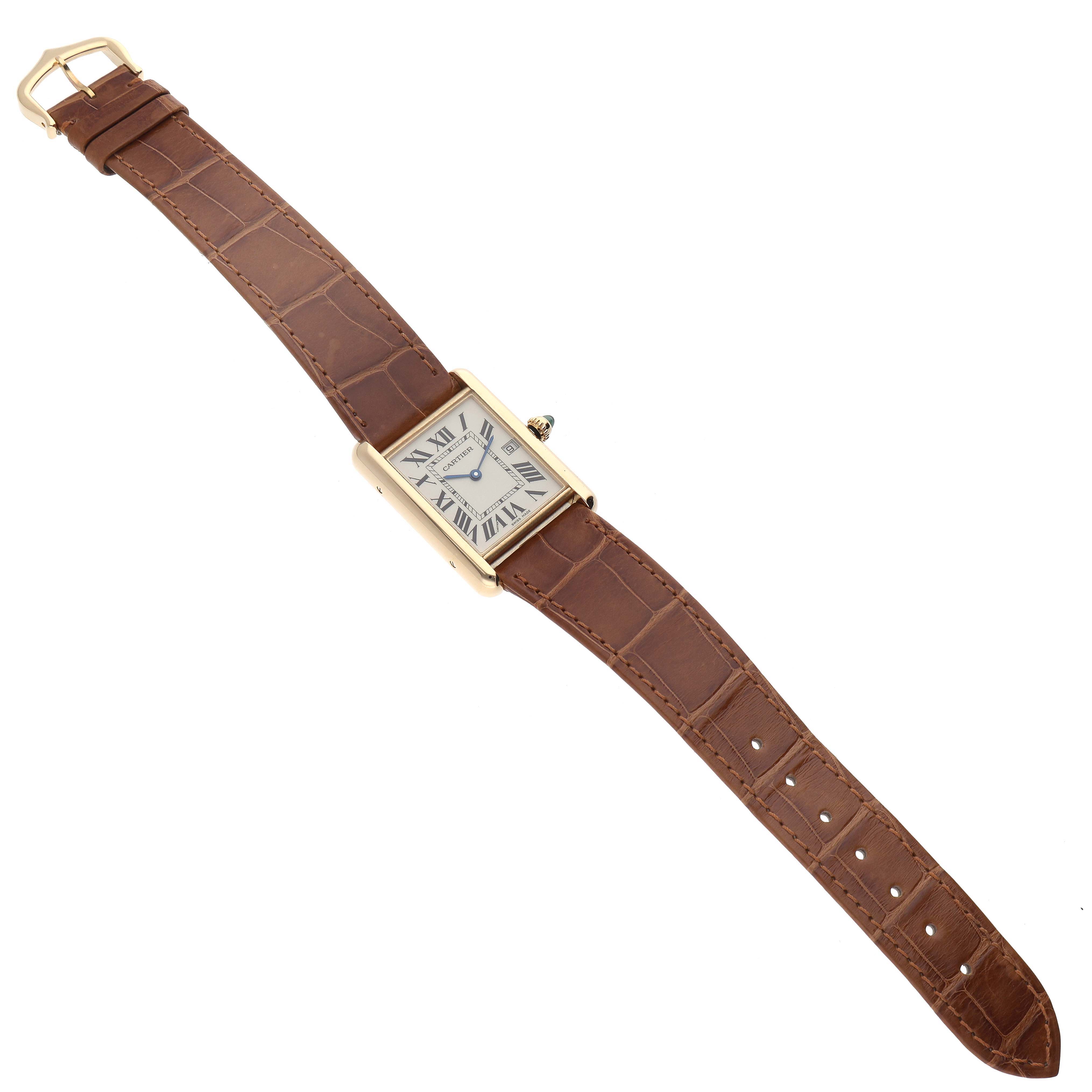 The image shows a Cartier Tank Louis W1529756 Men's Yellow Gold Silver Dial W1529756 Men's Yellow Gold Silver Dial watch at a flat angle, displaying the face, brown leather strap, and gold buckle.
