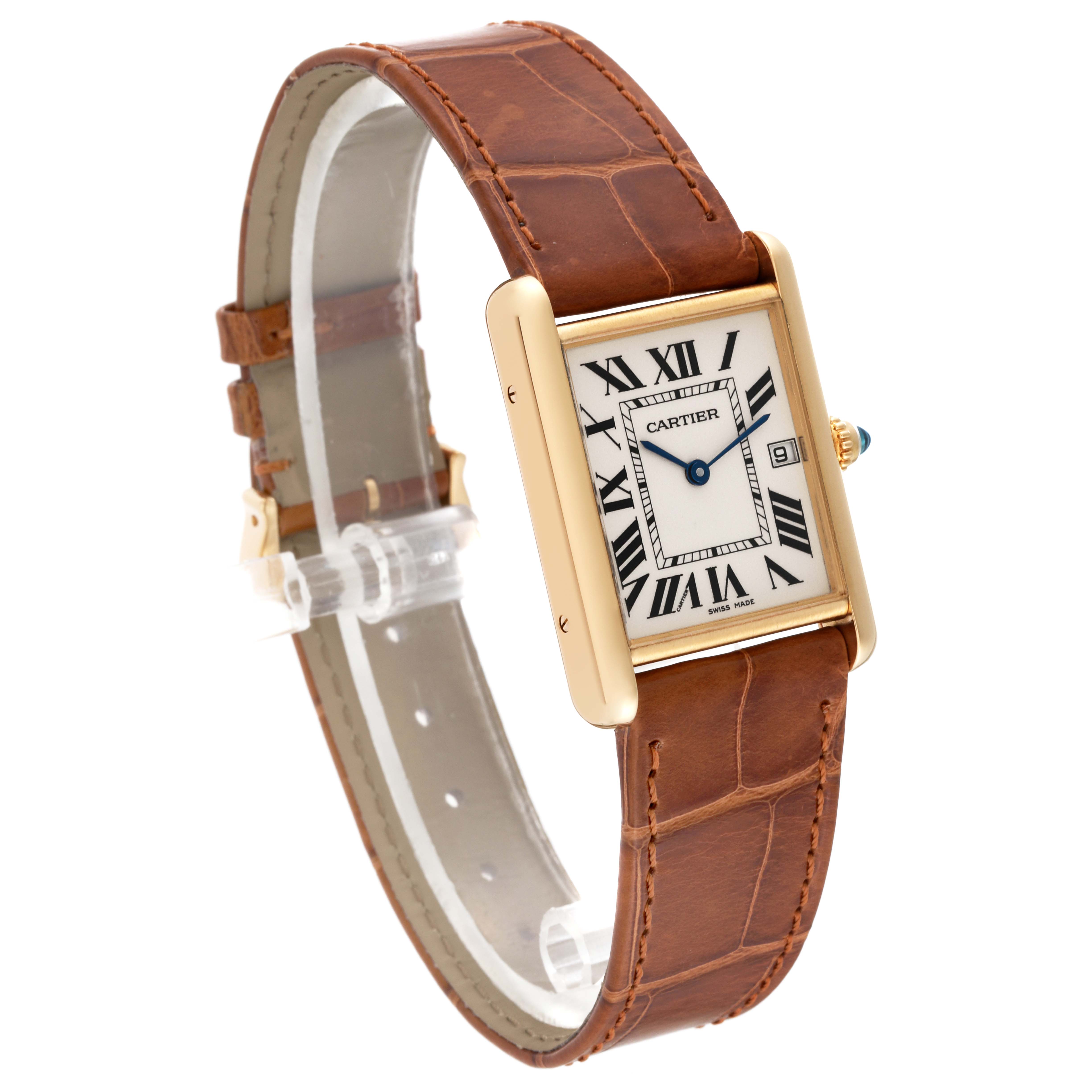 The image shows a Cartier Tank Louis W1529756 Men's Yellow Gold Silver Dial W1529756 Men's Yellow Gold Silver Dial watch at a three-quarter angle showcasing the dial, case, and brown leather strap.