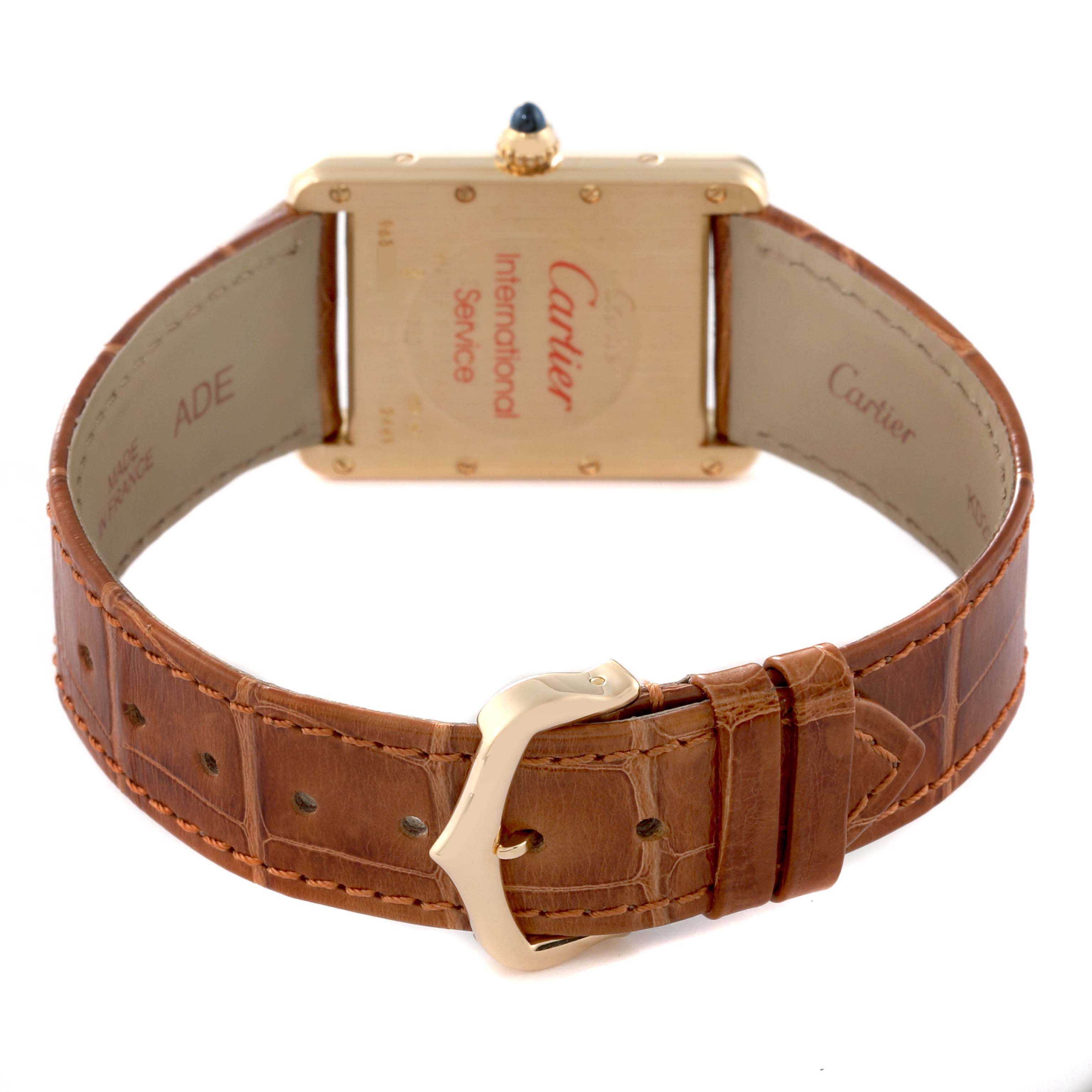 The image shows the back view of a Cartier Tank Louis W1529756 Men's Yellow Gold Silver Dial W1529756 Men's Yellow Gold Silver Dial watch, highlighting the gold case, leather strap, and buckle.