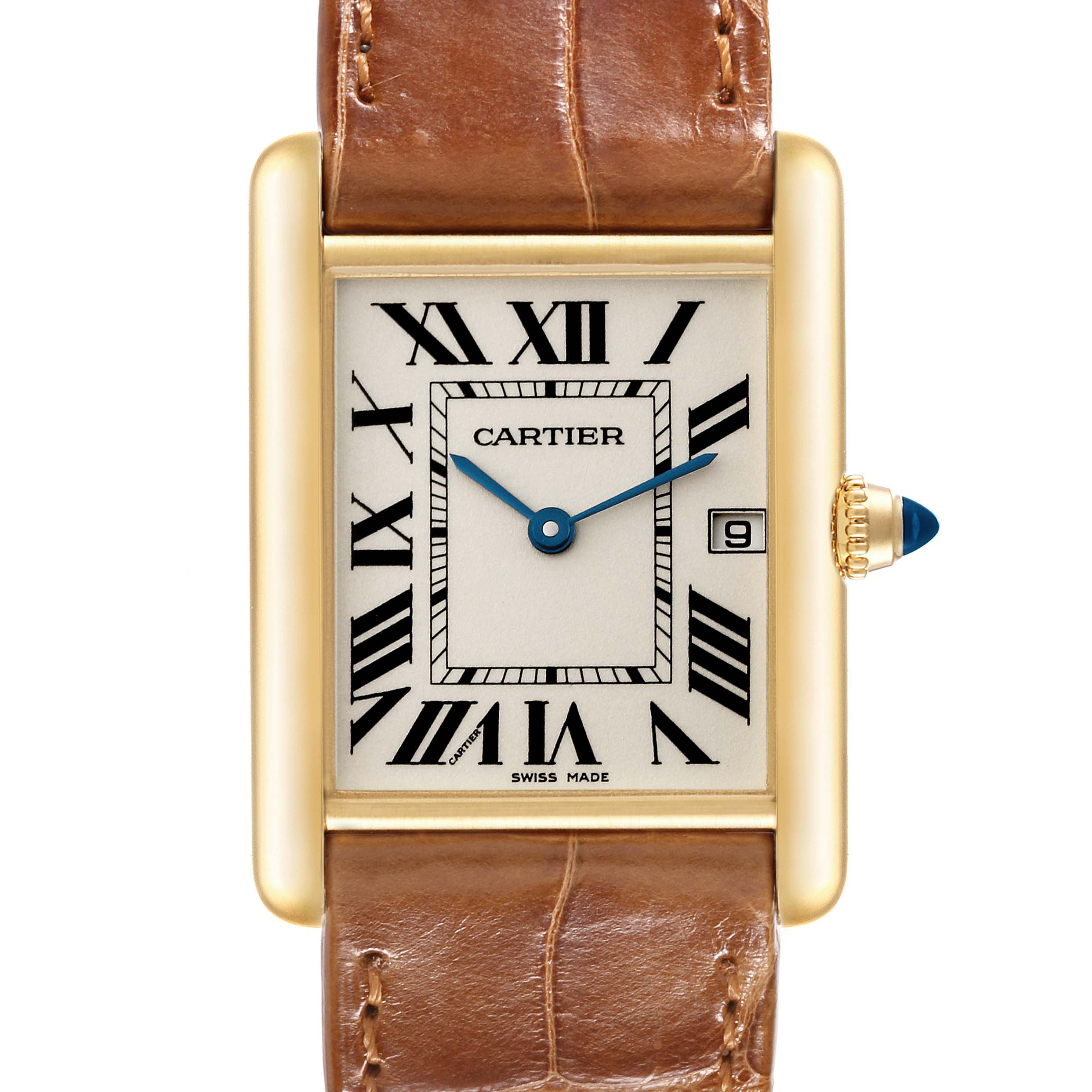 The image shows a front view of the Cartier Tank Louis W1529756 Men's Yellow Gold Silver Dial W1529756 Men's Yellow Gold Silver Dial watch, highlighting its rectangular face, leather strap, and Roman numerals.