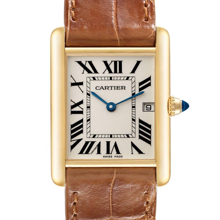 Cartier Tank Louis Yellow Gold Leather Mens Watch W1529756 Box Card SwissWatchExpo