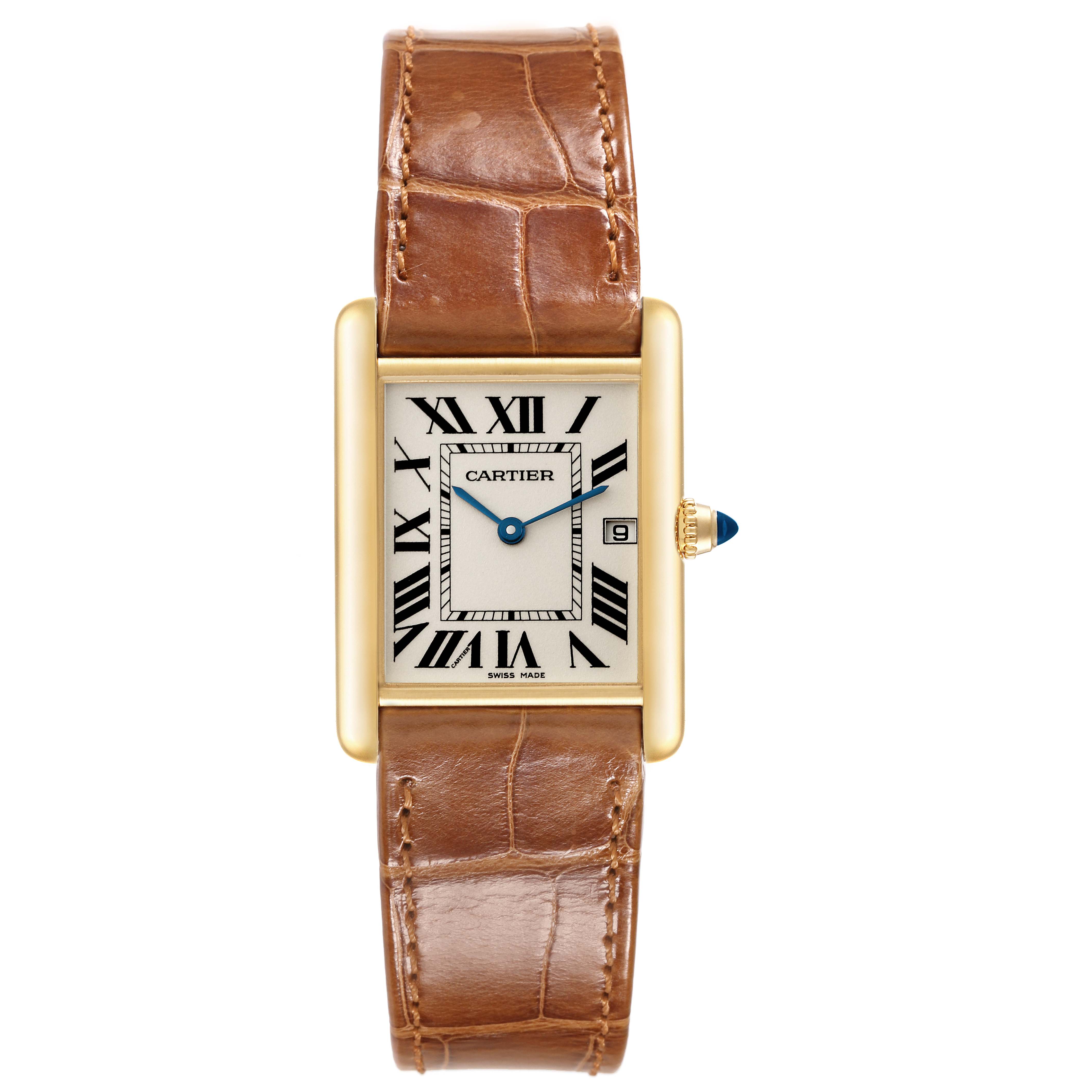 This image shows a full-frontal view of the Cartier Tank Louis W1529756 Men's Yellow Gold Silver Dial W1529756 Men's Yellow Gold Silver Dial watch, showcasing its rectangular face, Roman numerals, leather strap, and crown with a blue gem.