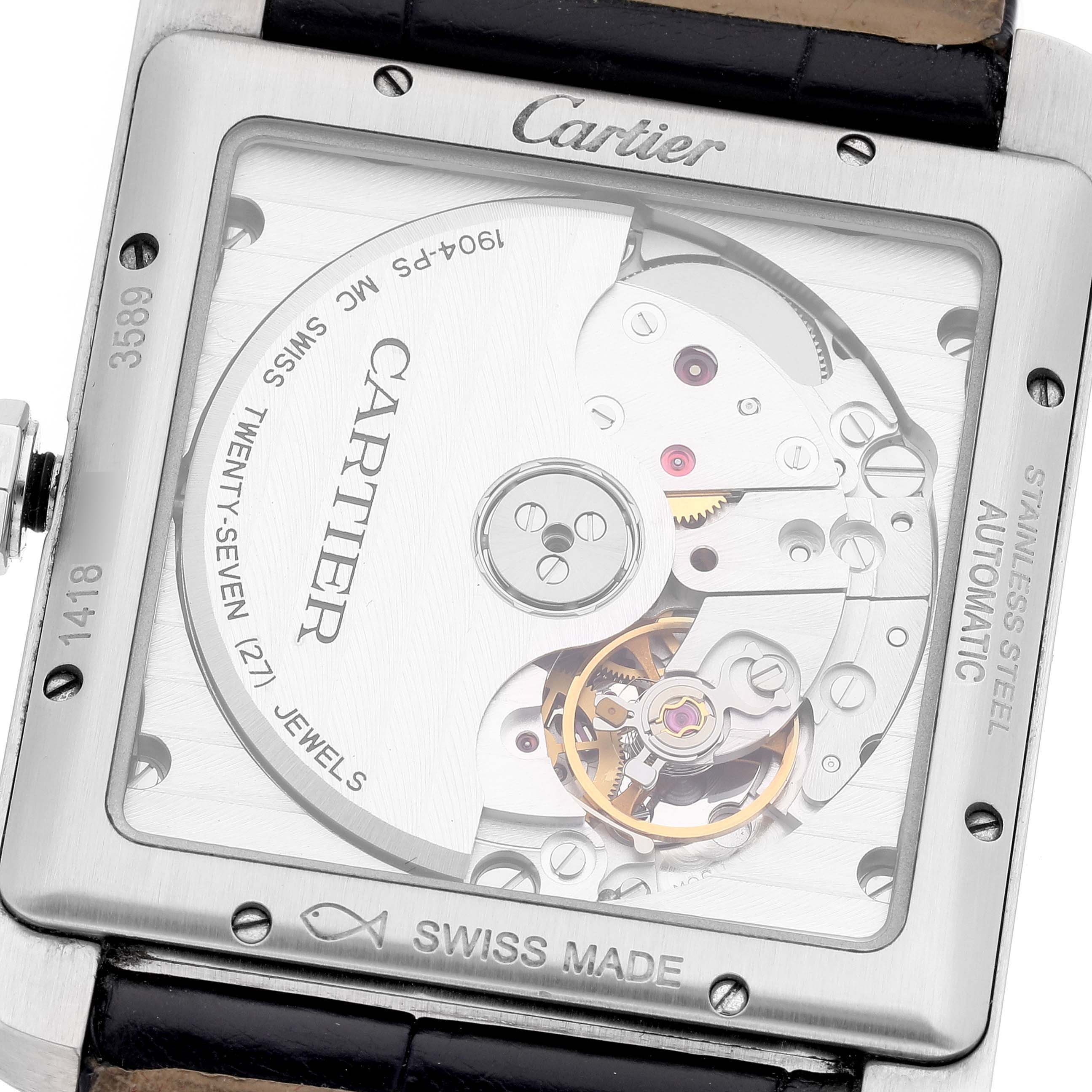 This image shows the movement through the transparent case back of a Cartier Tank MC W5330003 Men
s Stainless Steel Silver Dial W5330003 Men
s Stainless Steel Silver Dial watch, highlighting its intricate mechanics.