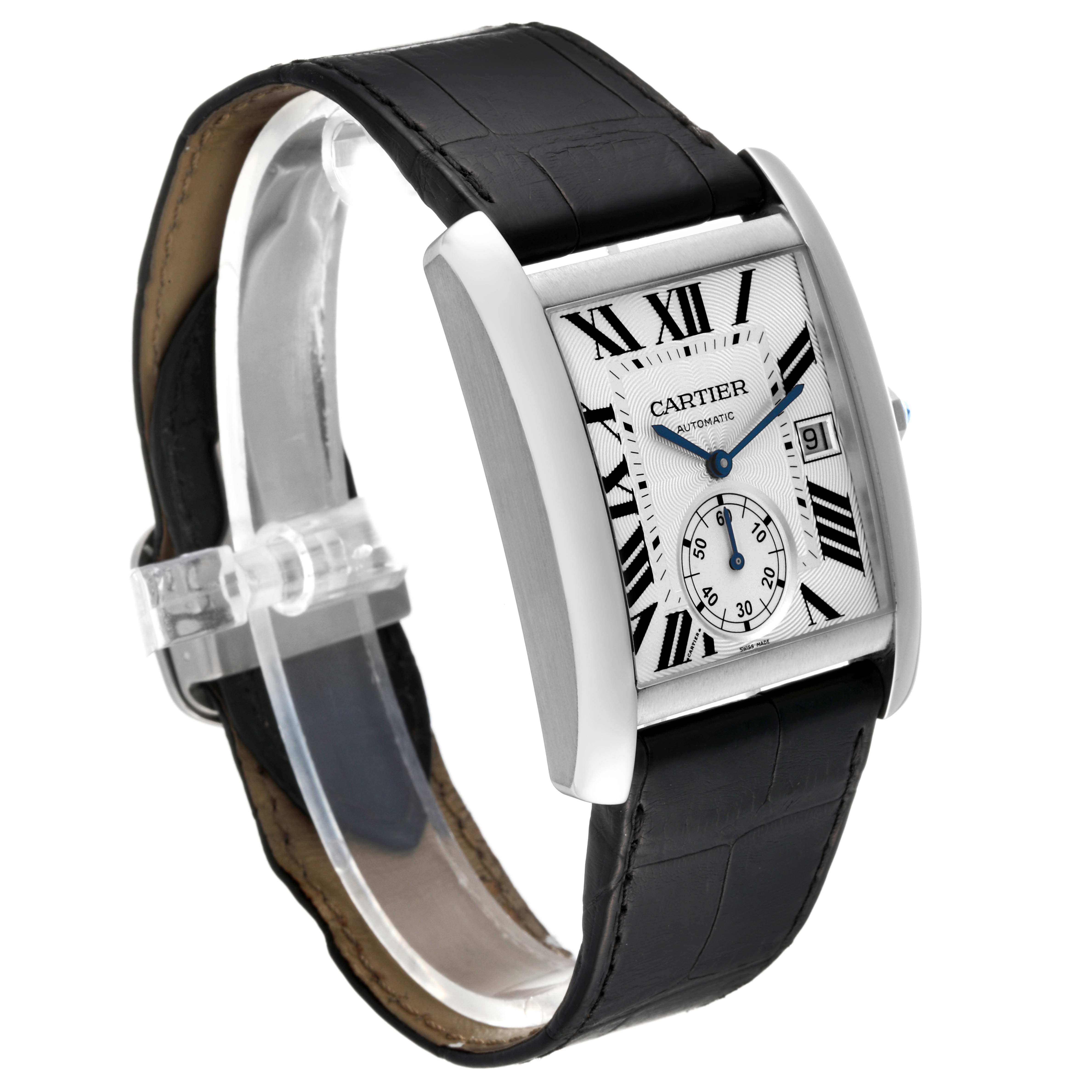 The Cartier Tank MC W5330003 Men
s Stainless Steel Silver Dial W5330003 Men
s Stainless Steel Silver Dial watch is shown from a front angle, highlighting the face, bezel, case, and black leather strap.