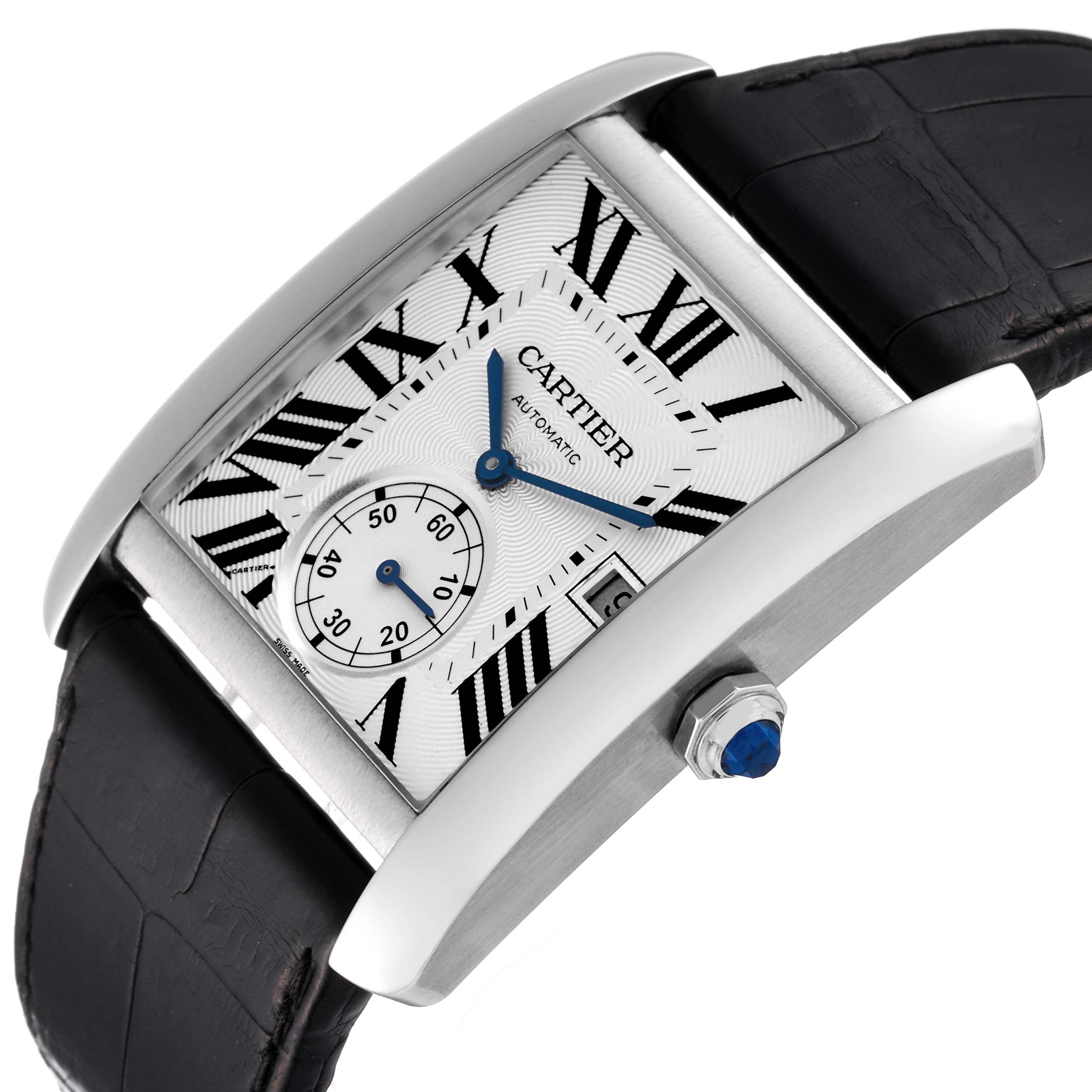The image shows a Cartier Tank MC W5330003 Men
s Stainless Steel Silver Dial W5330003 Men
s Stainless Steel Silver Dial watch angled slightly to display the dial, crown, and part of the leather strap.