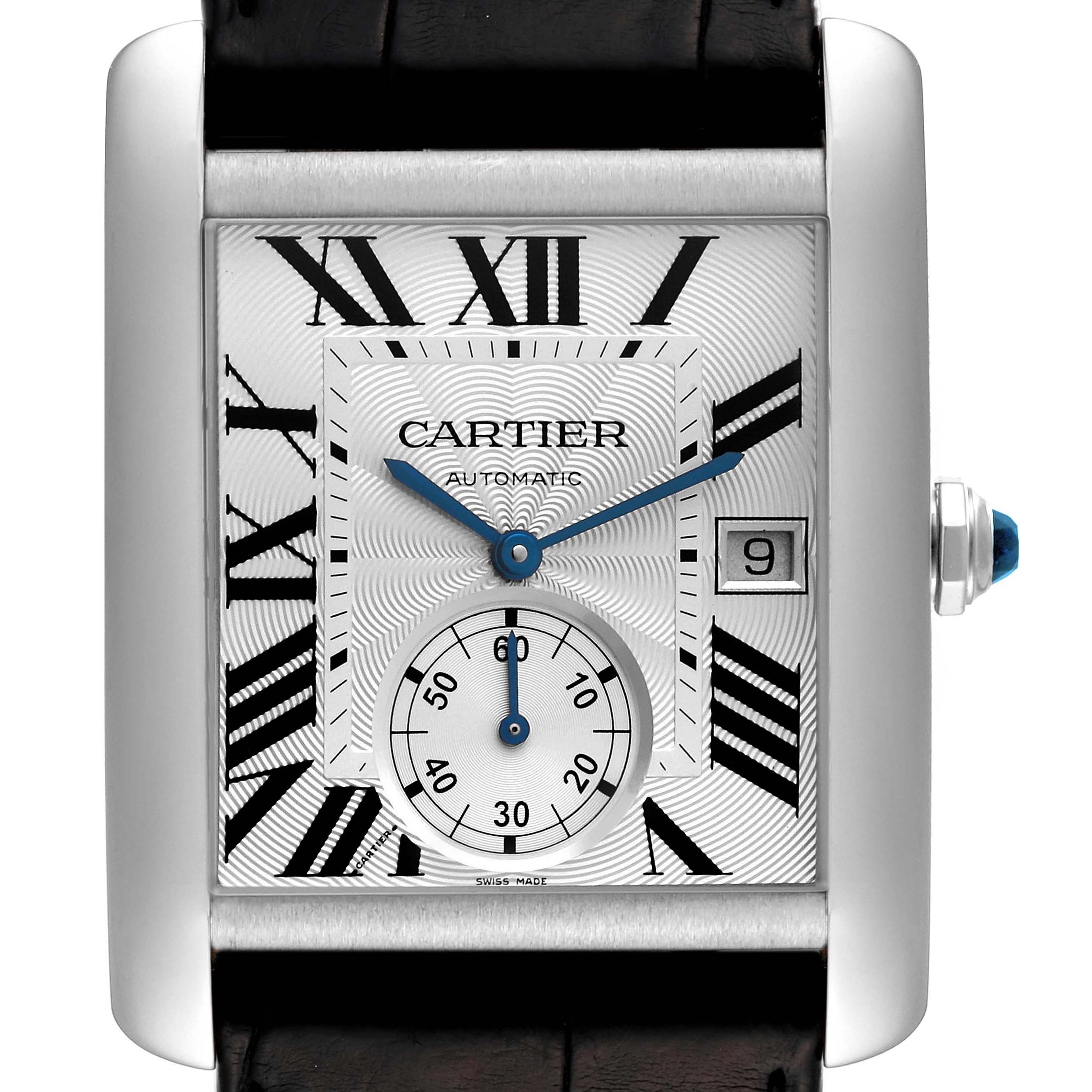 The image shows a close-up front view of the Cartier Tank MC W5330003 Men
s Stainless Steel Silver Dial W5330003 Men
s Stainless Steel Silver Dial watch.