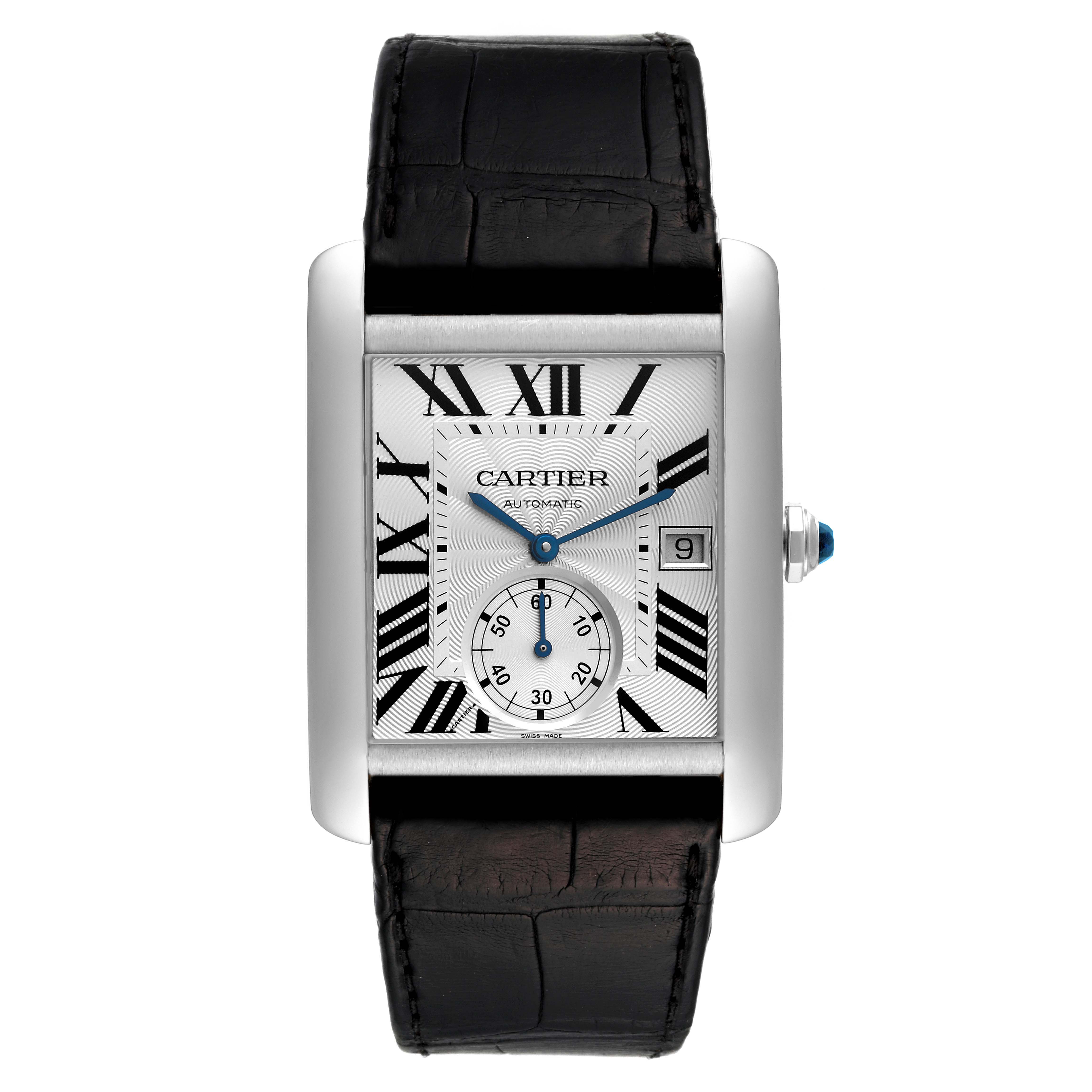 The image shows a front view of the Cartier Tank MC W5330003 Men
s Stainless Steel Silver Dial W5330003 Men
s Stainless Steel Silver Dial watch with its rectangular face and black leather strap.