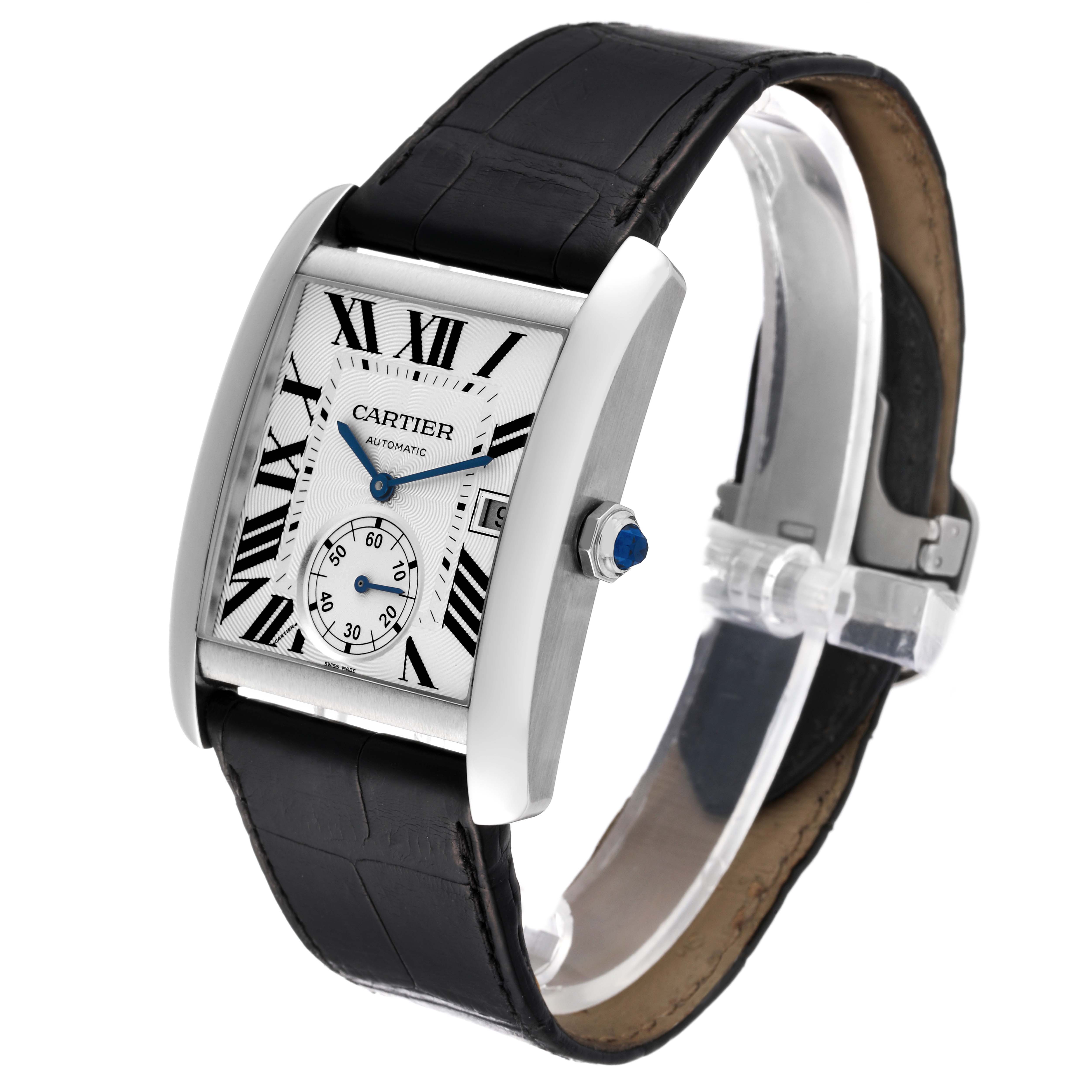 The image shows a Cartier Tank MC W5330003 Men
s Stainless Steel Silver Dial W5330003 Men
s Stainless Steel Silver Dial watch at an angled view, displaying its face, black leather strap, and side crown.