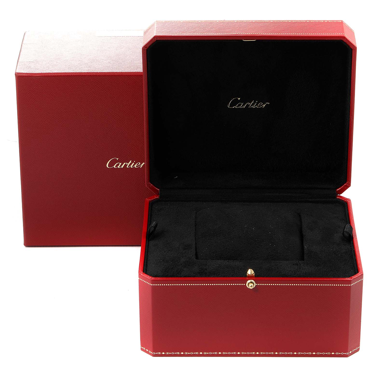 The image shows a red Cartier watch box for the Tortue model, with the lid open and a cushion inside.