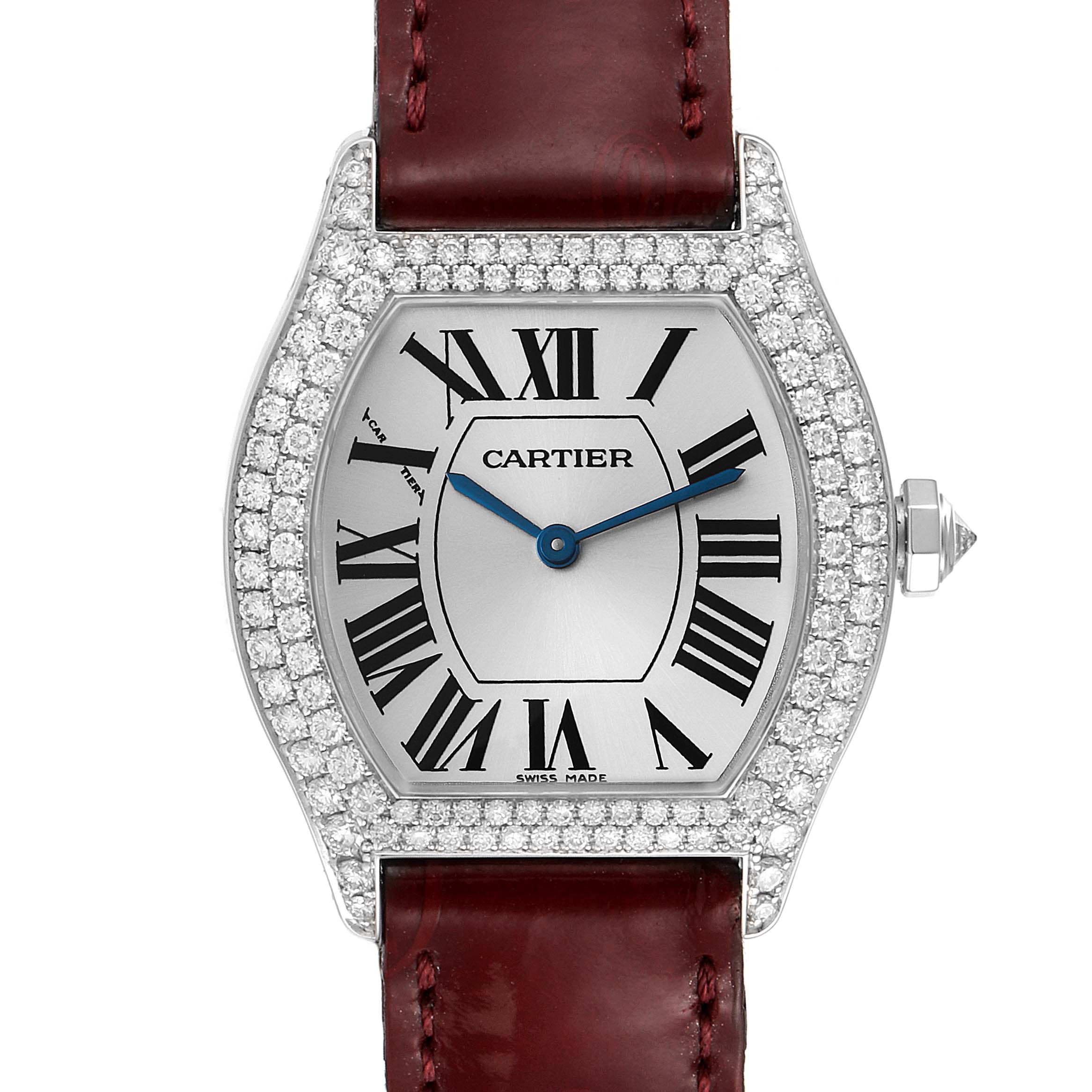 This image shows a front view of the Cartier Tortue 2644 Women's White Gold Silver Dial 2644 Women's White Gold Silver Dial watch, highlighting its diamond-studded bezel, Roman numerals, and leather strap.