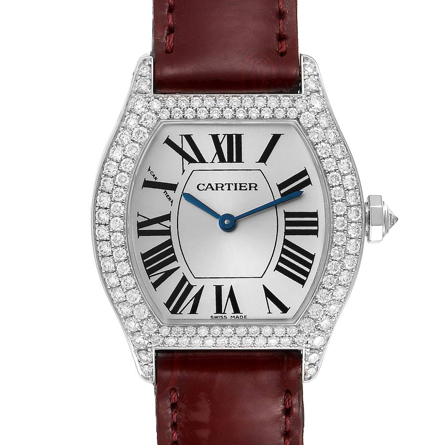 Cartier Tortue 18k White Gold Diamond Burgundy Strap Ladies Watch 2644 SwissWatchExpo