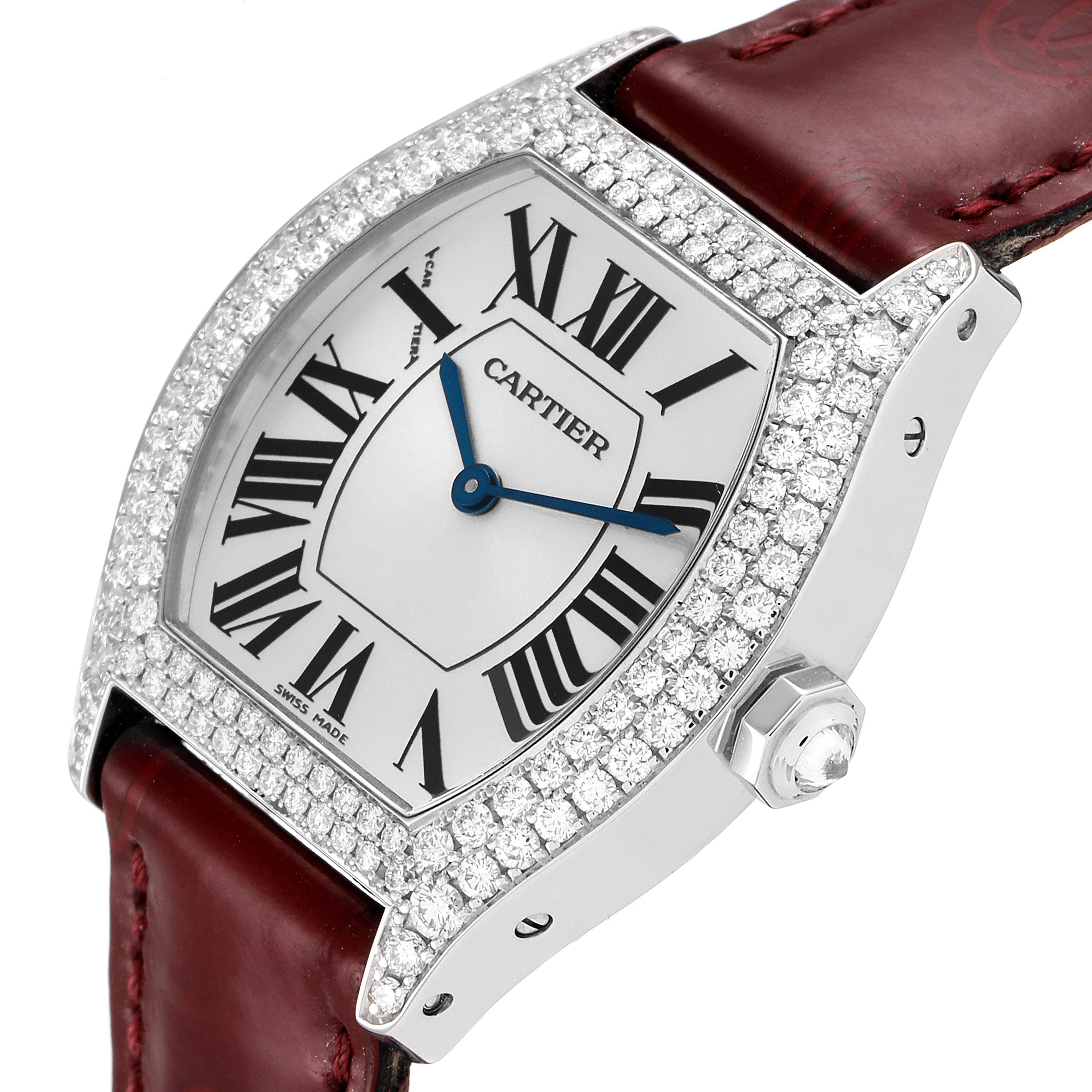 The image shows a Cartier Tortue 2644 Women's White Gold Silver Dial 2644 Women's White Gold Silver Dial watch from an angled view, highlighting the face, bezel, and part of the leather strap.