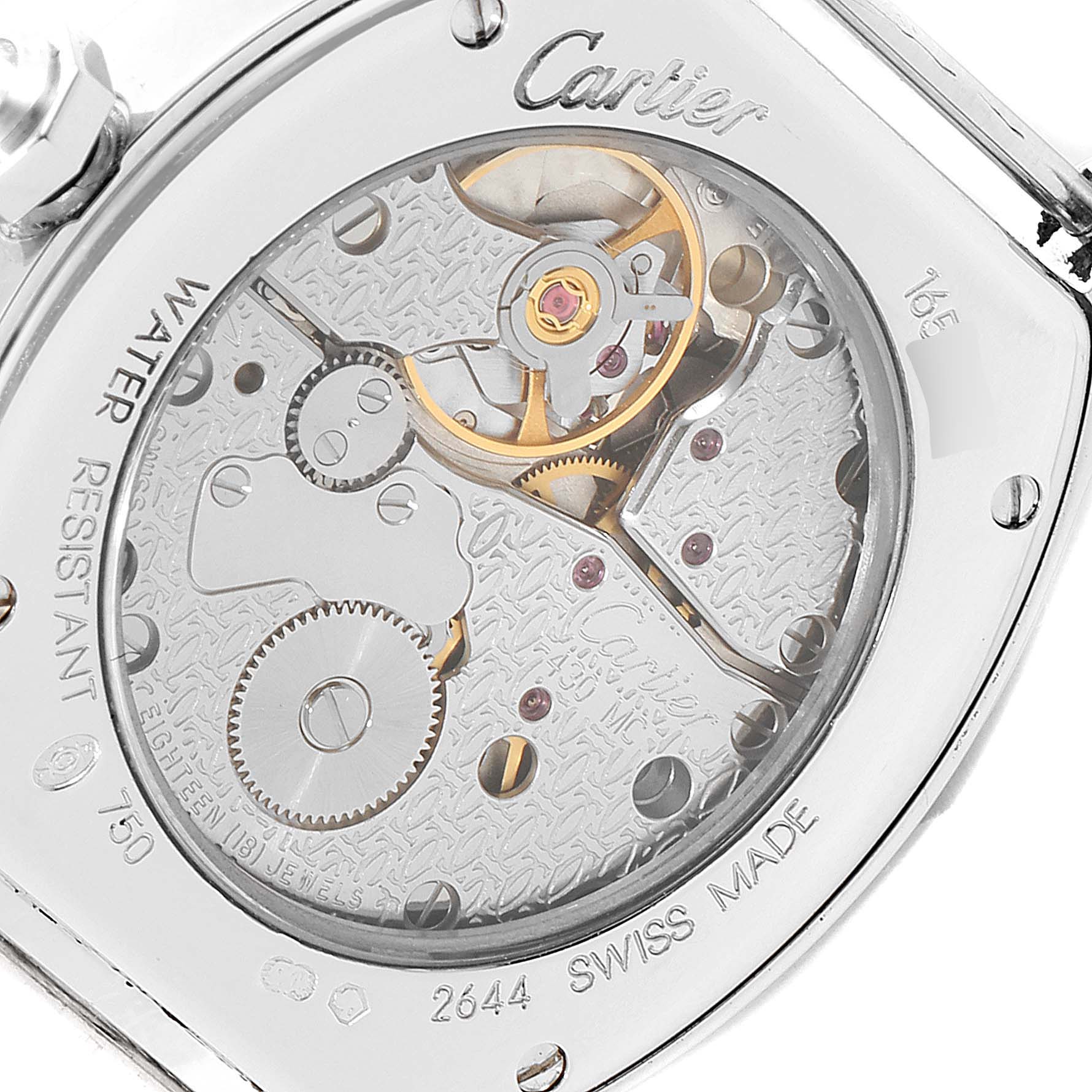 The image shows the back part of a Cartier Tortue 2644 Women's White Gold Silver Dial 2644 Women's White Gold Silver Dial watch, revealing its intricate mechanical movement.