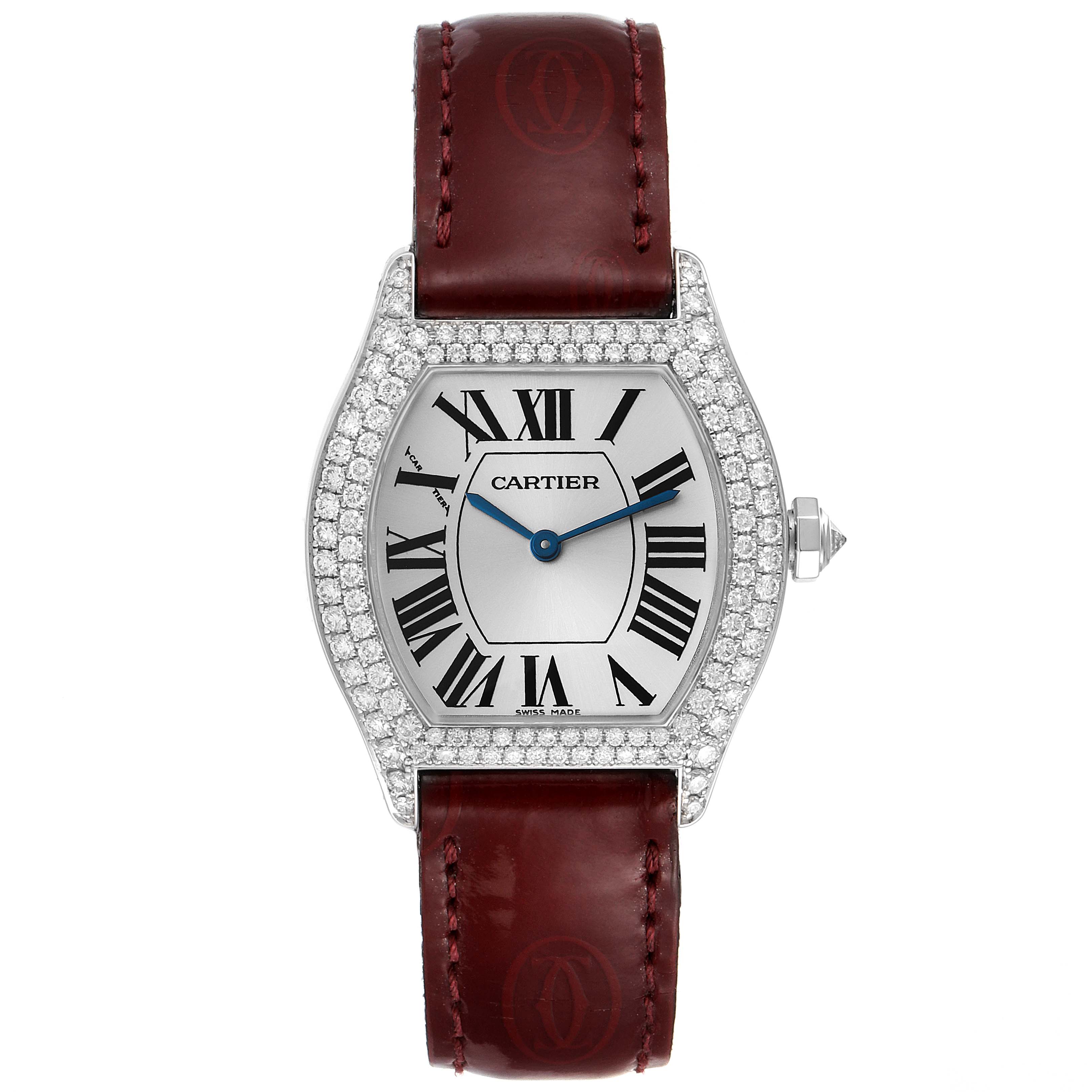 This image shows a front view of the Cartier Tortue 2644 Women's White Gold Silver Dial 2644 Women's White Gold Silver Dial watch, displaying the face, case, and leather strap.