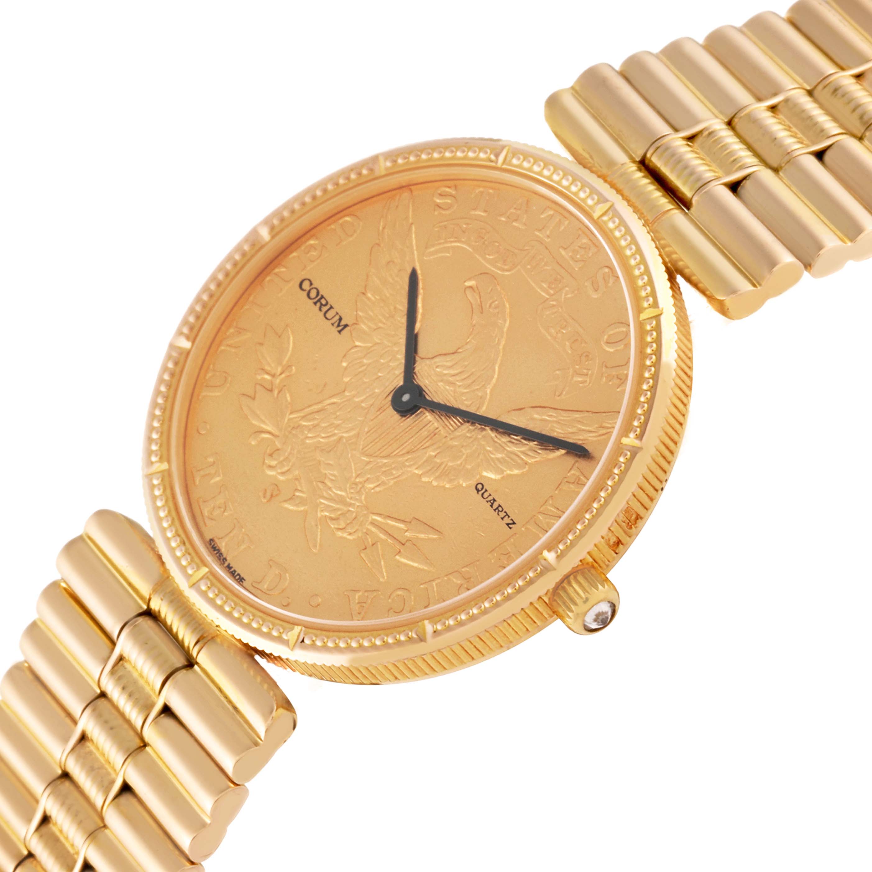 The Corum 5014856 V41 Women's Yellow Gold Champagne Dial 5014856 V41 Women's Yellow Gold Champagne Dial Coin 10 Dollars Double Eagle Yellow Gold Ladies Watch 1901 model is shown at an angled view, displaying the face, band, and crown.