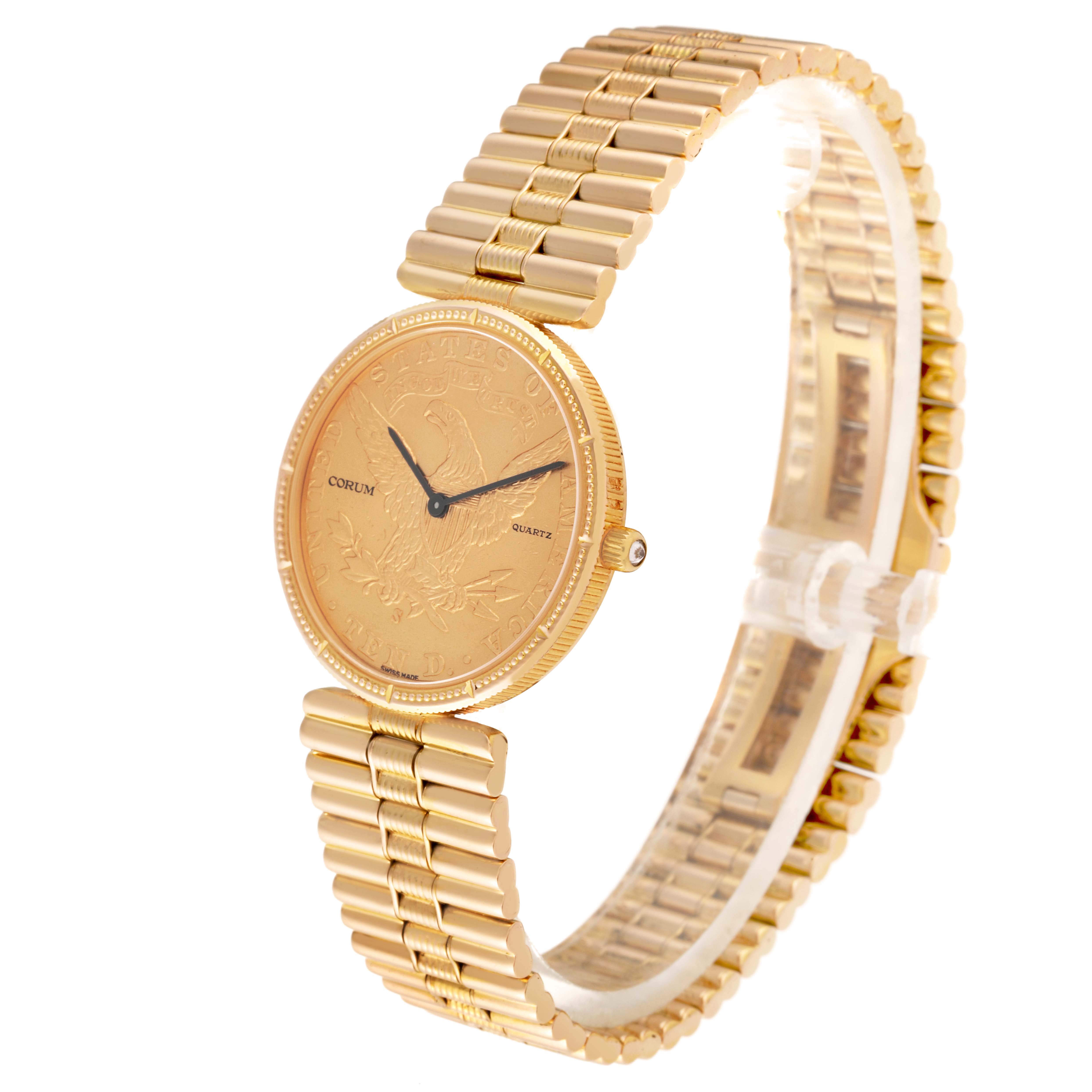 The Corum 5014856 V41 Women's Yellow Gold Champagne Dial 5014856 V41 Women's Yellow Gold Champagne Dial Coin 10 Dollars Double Eagle Yellow Gold Ladies Watch 1901 model is shown at an angle that displays the dial and bracelet.